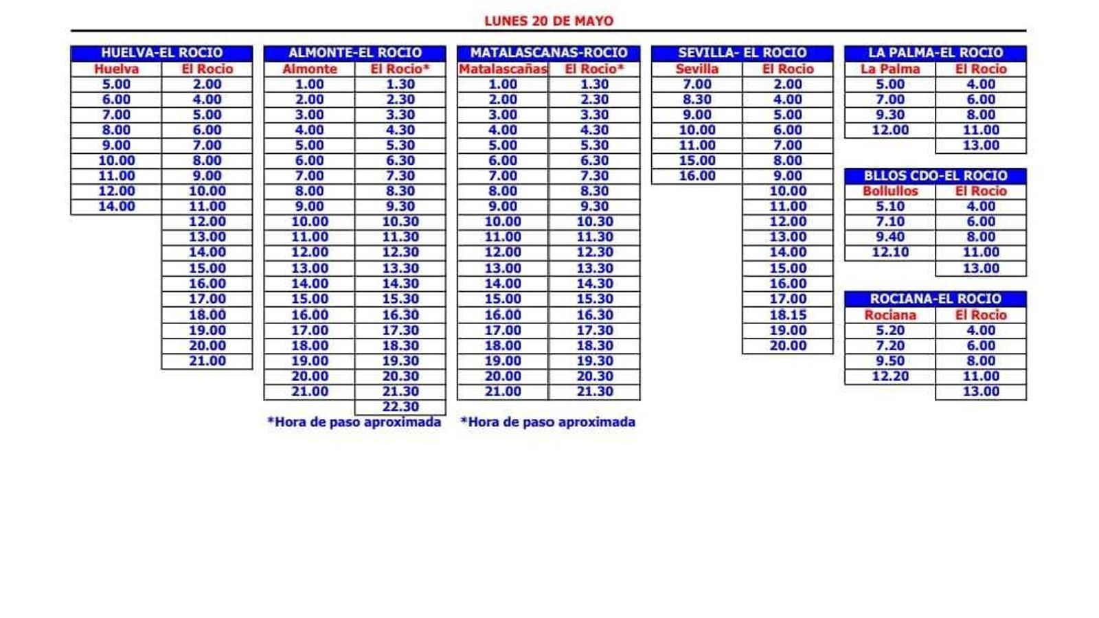Horarios lunes 20 de mayo.