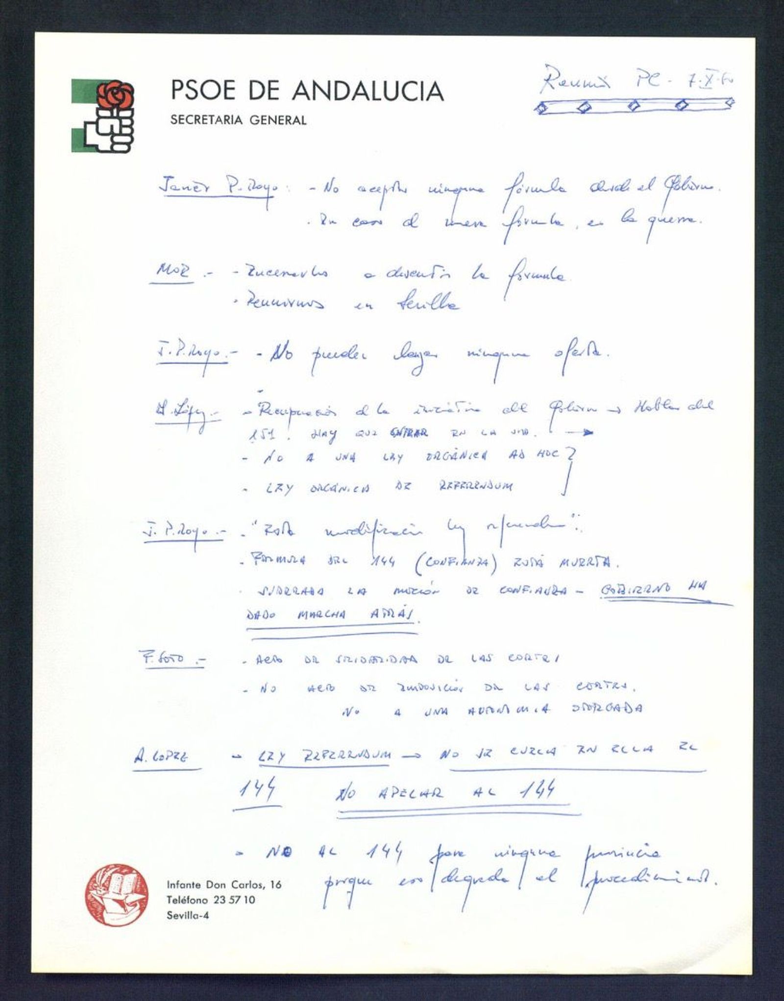Notas de Rodríguez de la Borbolla de la reunión entre el PSOE y el Partido Comunista el 7 de octubre de 1980.