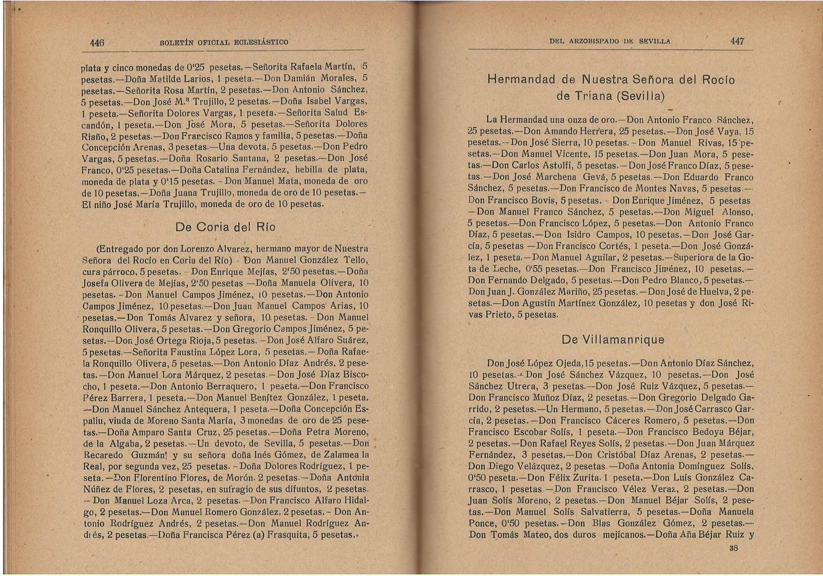 listas de donativos para corona de la Virgen del Rocío de 1919