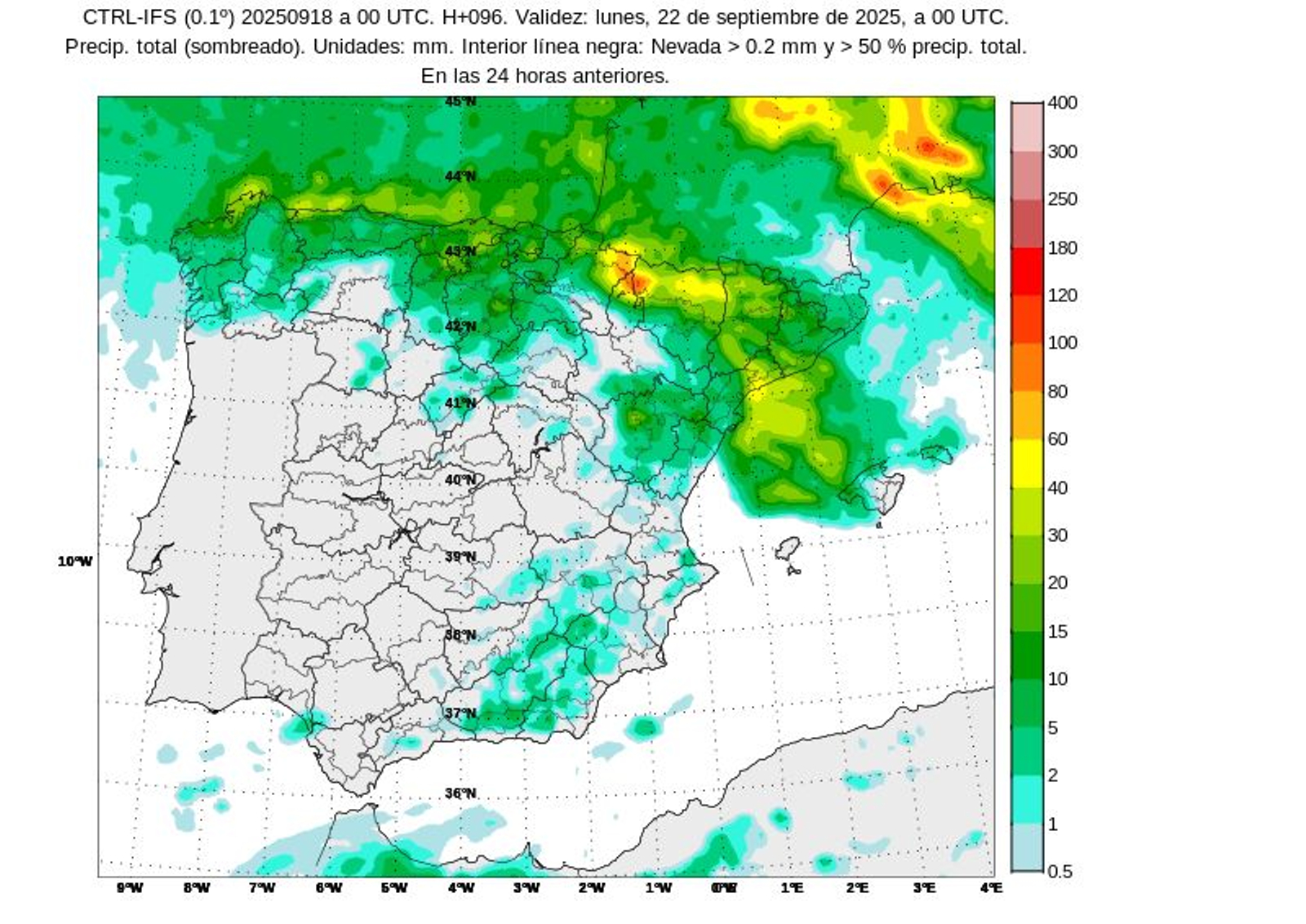 Mapa con la previsión de lluvias en la provincia de Granada para este domingo.