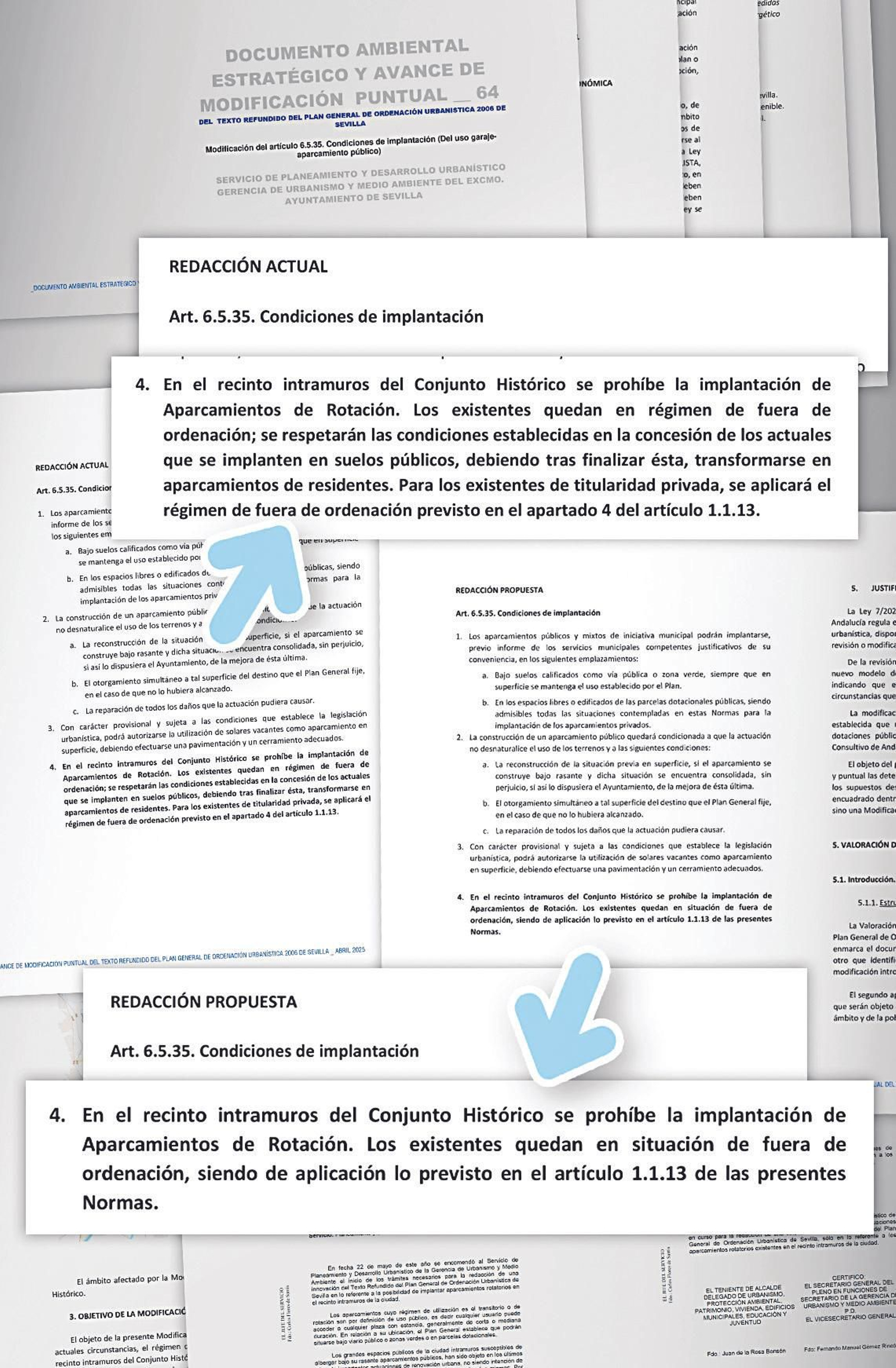 Redacción actual y redacción que se propone con el cambio puntual del PGOU sobre los aparcamientos en el centro.