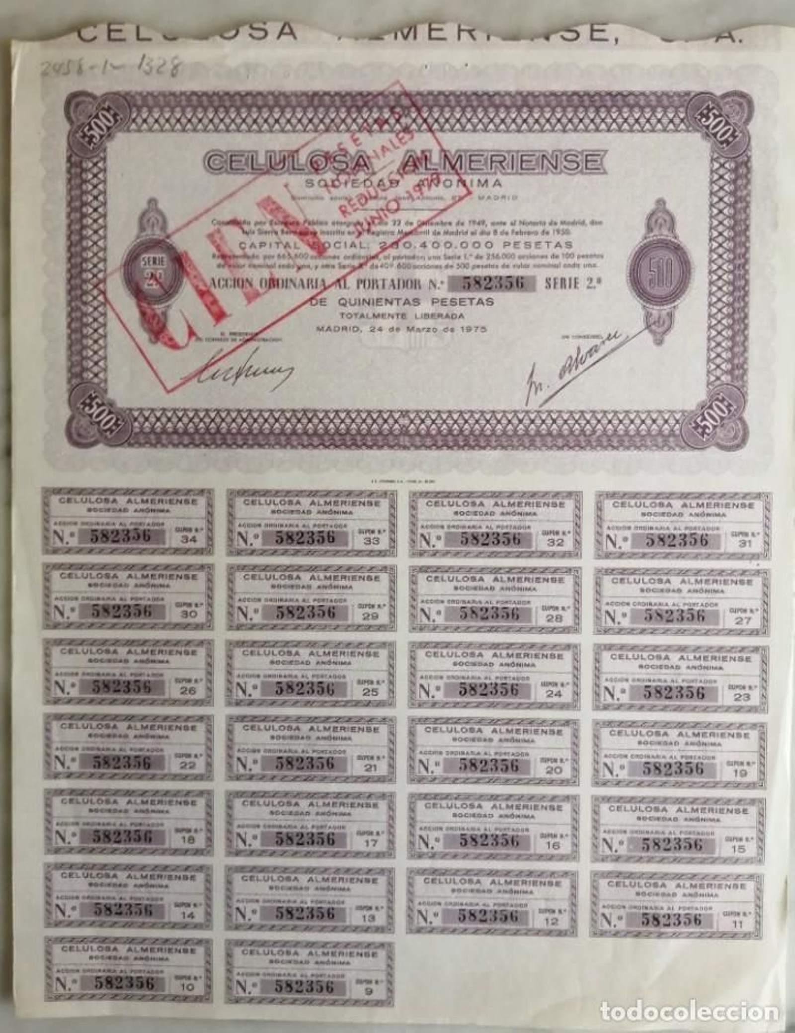 Aún se pueden comprar por la red paquetes de acciones de Celulosa Almeriense de marzo de 1975.