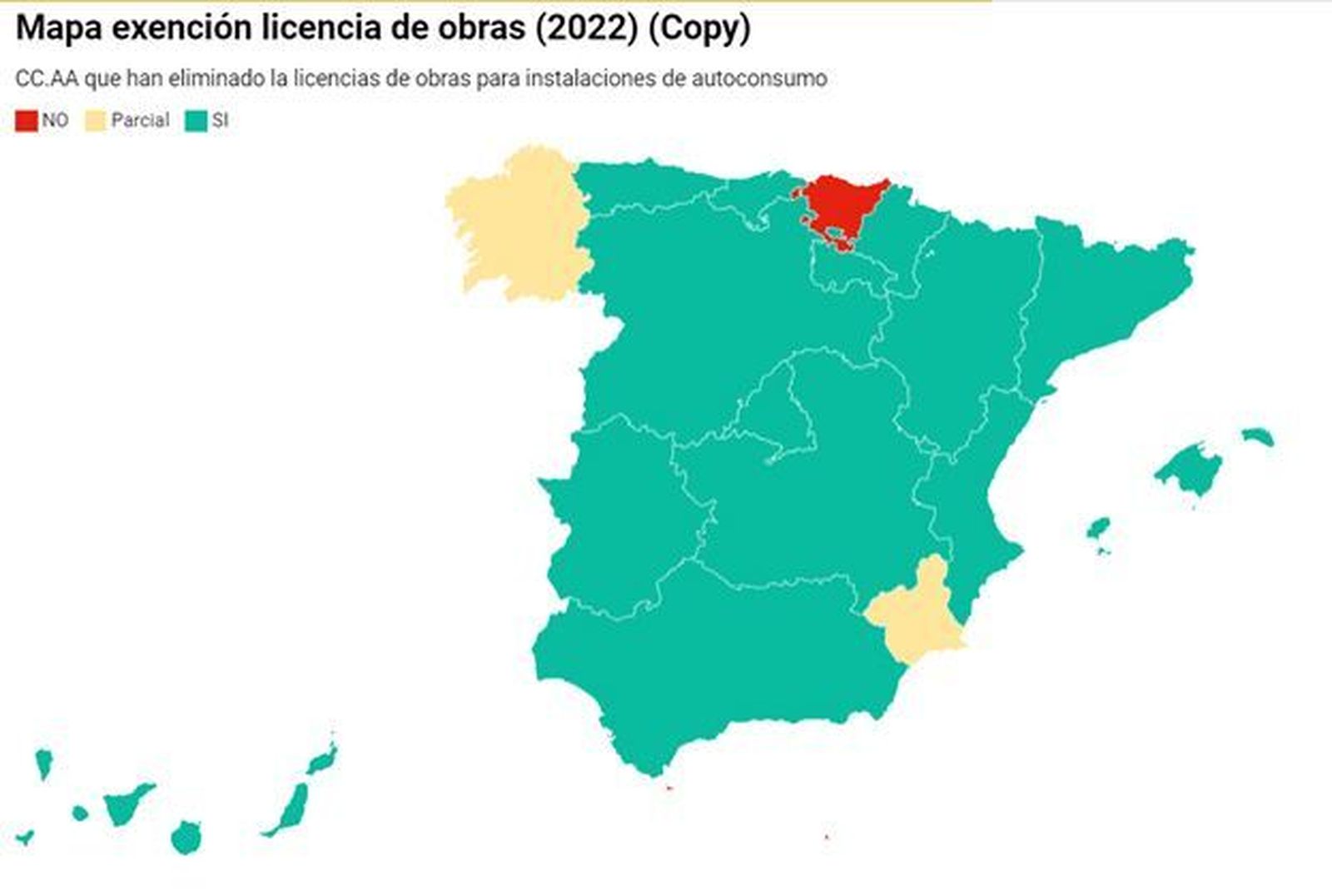 Mapa de exención de licencias de obras para autoconsumo por comunidades.