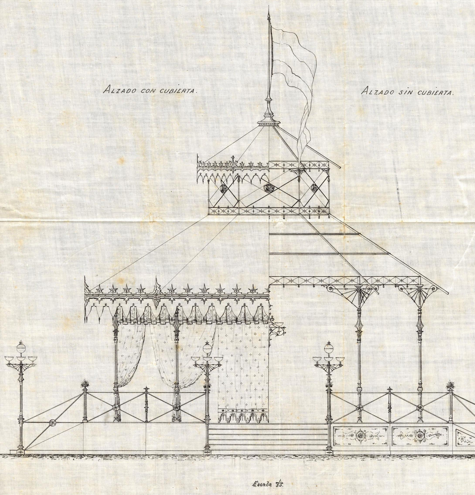 Una de las obras expuestas que muestra el boceto del pabellón de la Plaza de La Merced.