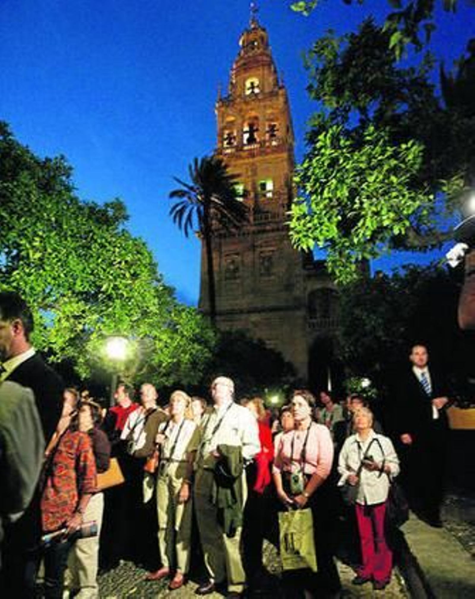 Una grupo de personas espera para entrar al espectáculo nocturno de la Mezquita-Catedral