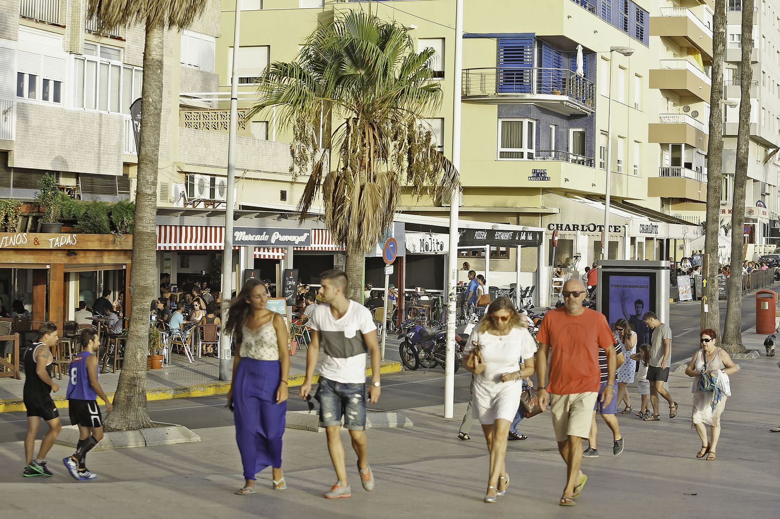 Los paseantes se entrecruzan en el Paseo Marítimo de Cádiz con los gaditanos y gaditanas que intentan adelgazar y mantenerse en forma.