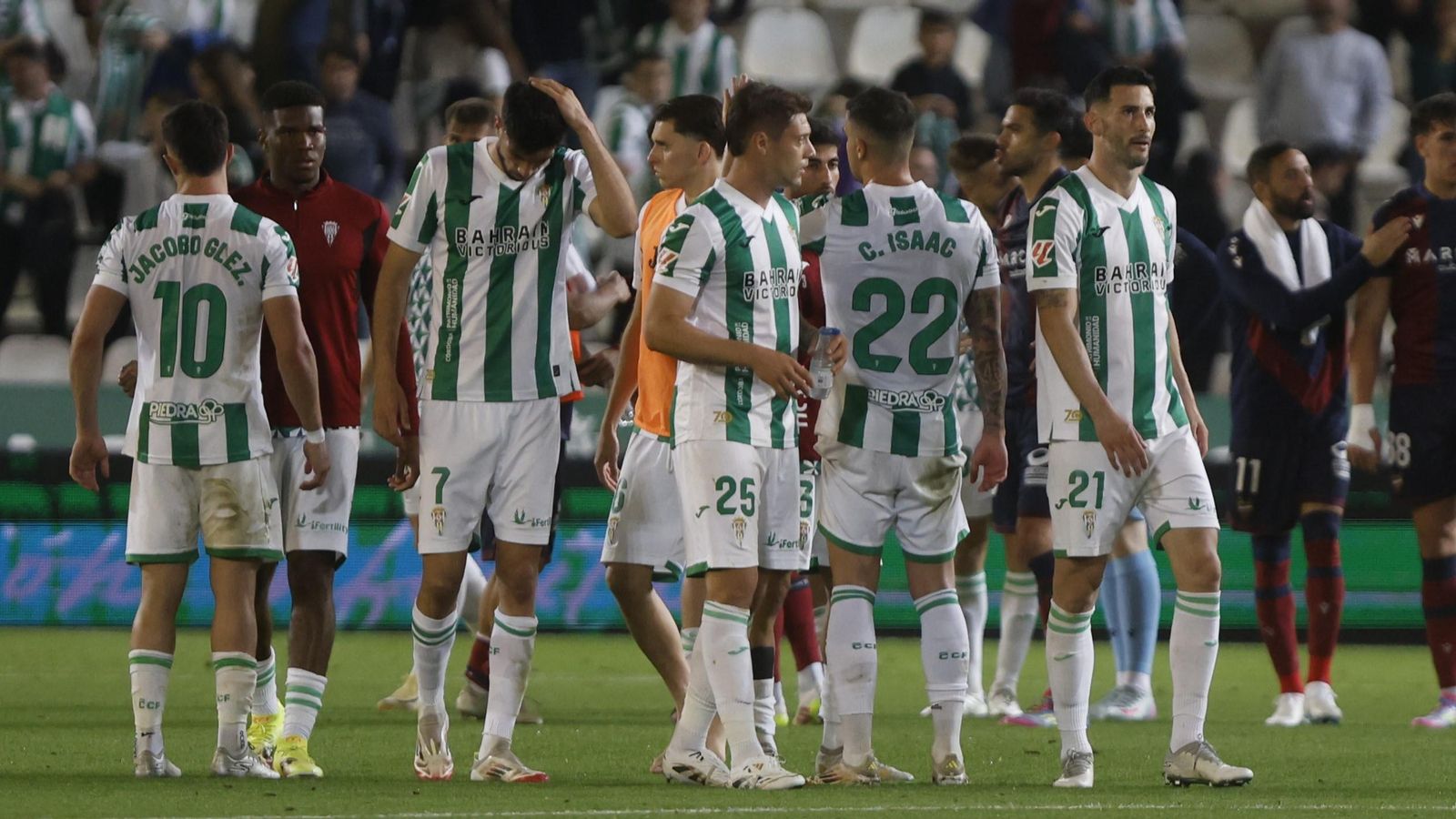 Gabriele Corbo, en el centro de la imagen, saluda a sus compañeros al final del Córdoba CF - Levante.