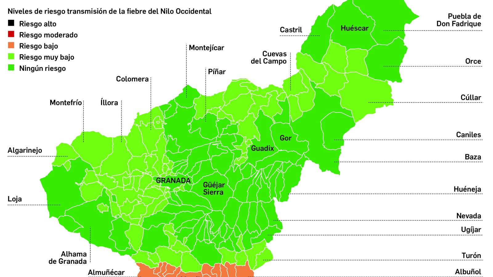 Mapa con la Costa señalada como zona de riesgo bajo.