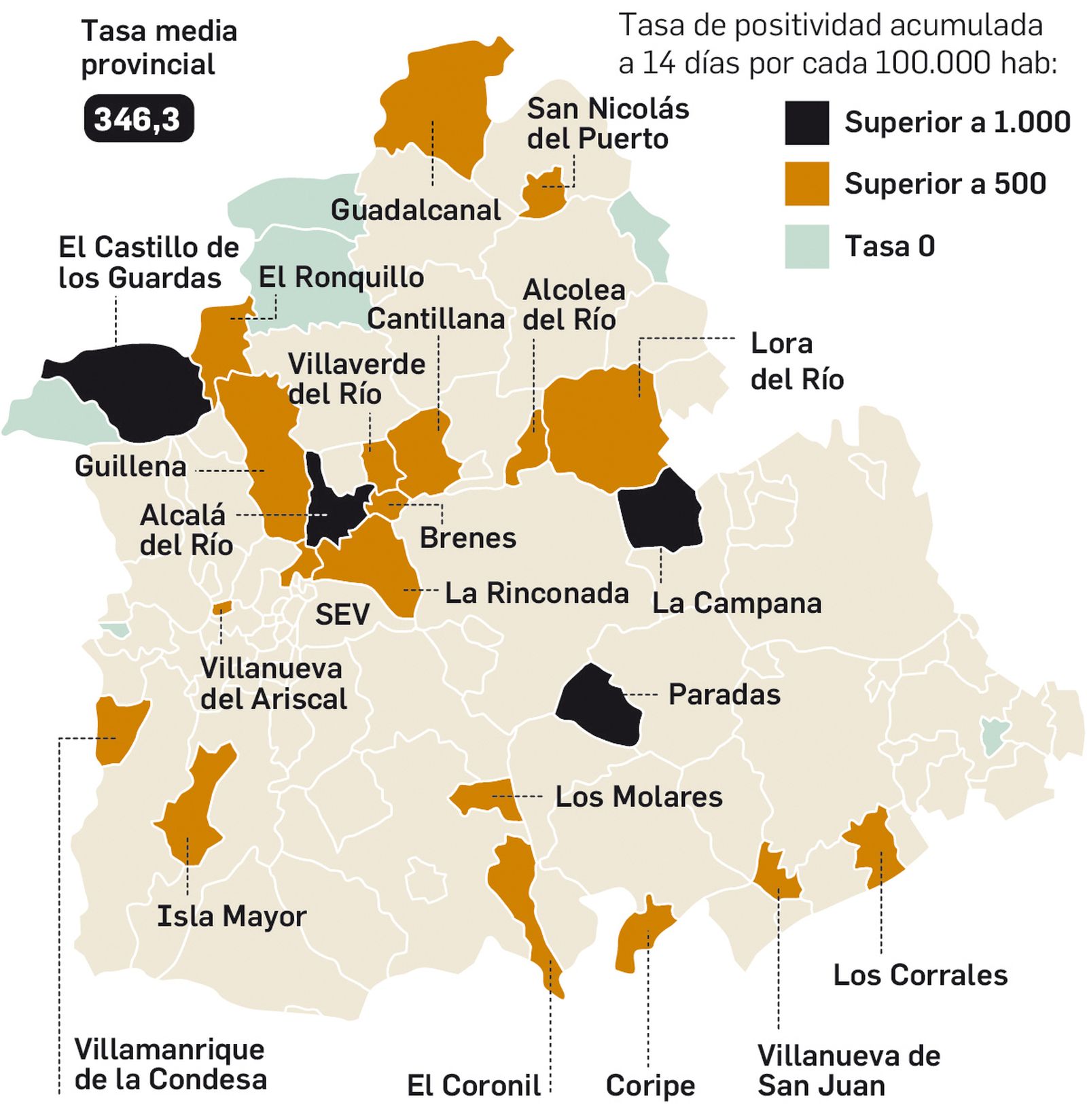 Mapa de la incidencia de Covid-19 en los municipios de Sevilla.