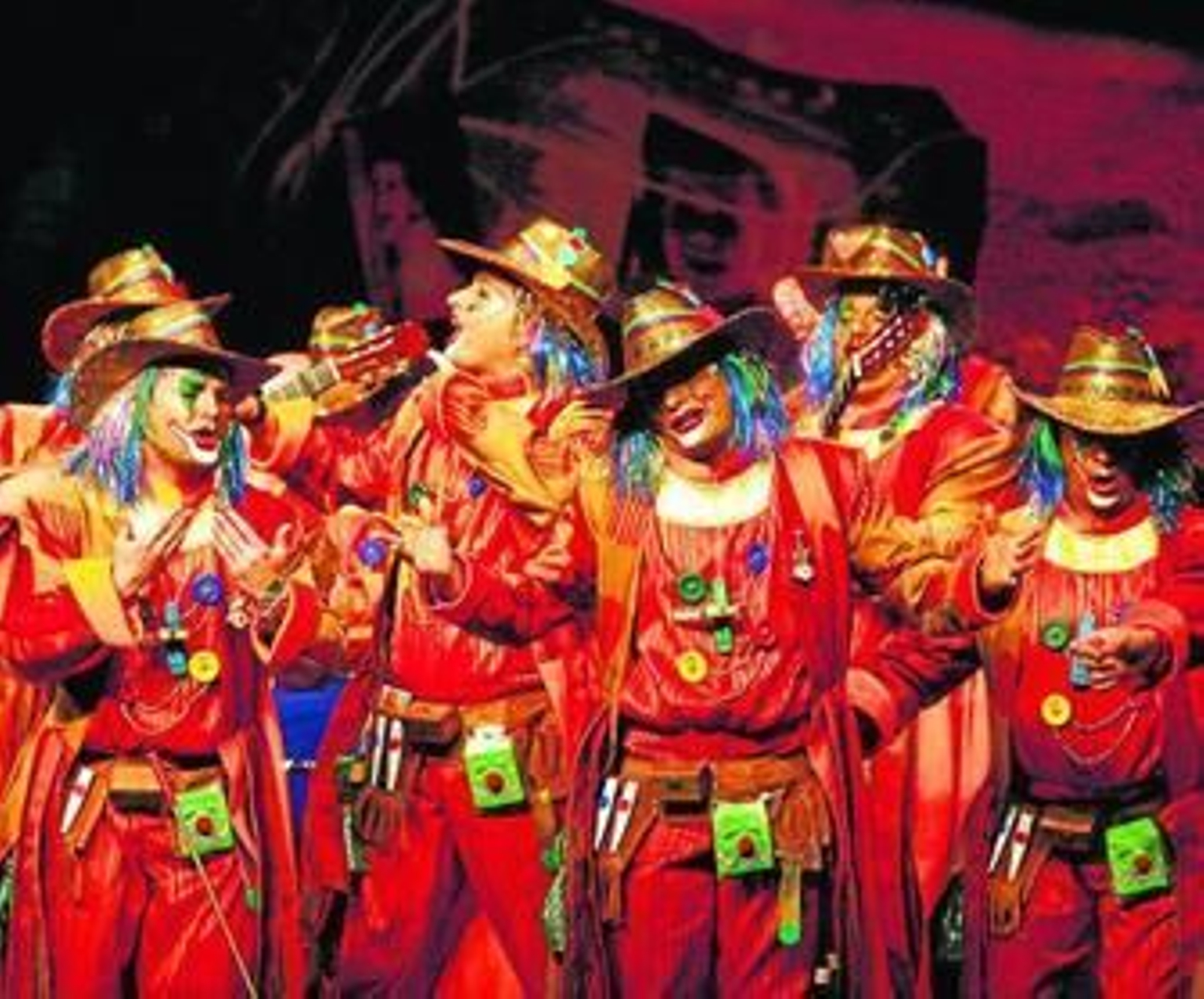 1. La comparsa El coleccionista de risas, de Huelva, durante su actuación en semifinales. 2. El público en pie cantando el himno de Andalucía. 3. La choquera mayor, Sara Reina, en su palco acompañada por tres damas de su corte.  4. El cuarteto Los Hundíos, de Los Palacios y Villafranca (Sevilla).  5. La murga Eternamente a tu vera, de Ayamonte.