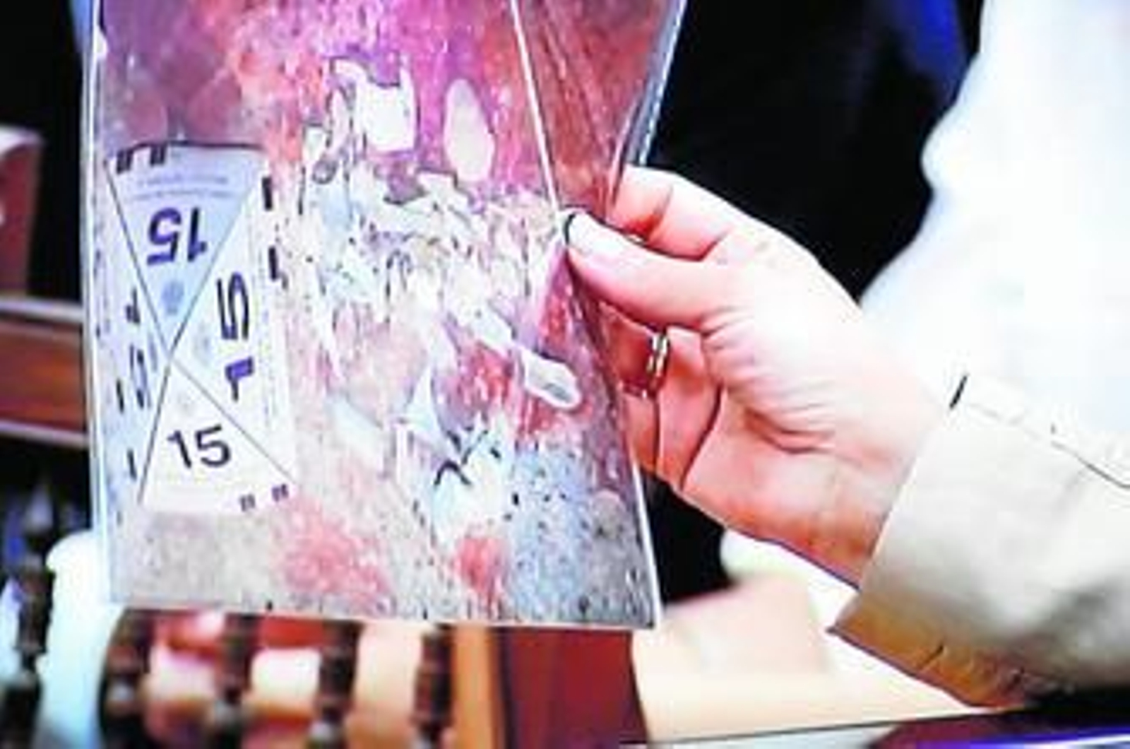 Detalle de las manos de la perito mientras observa una fotografía recogida en la hoguera.