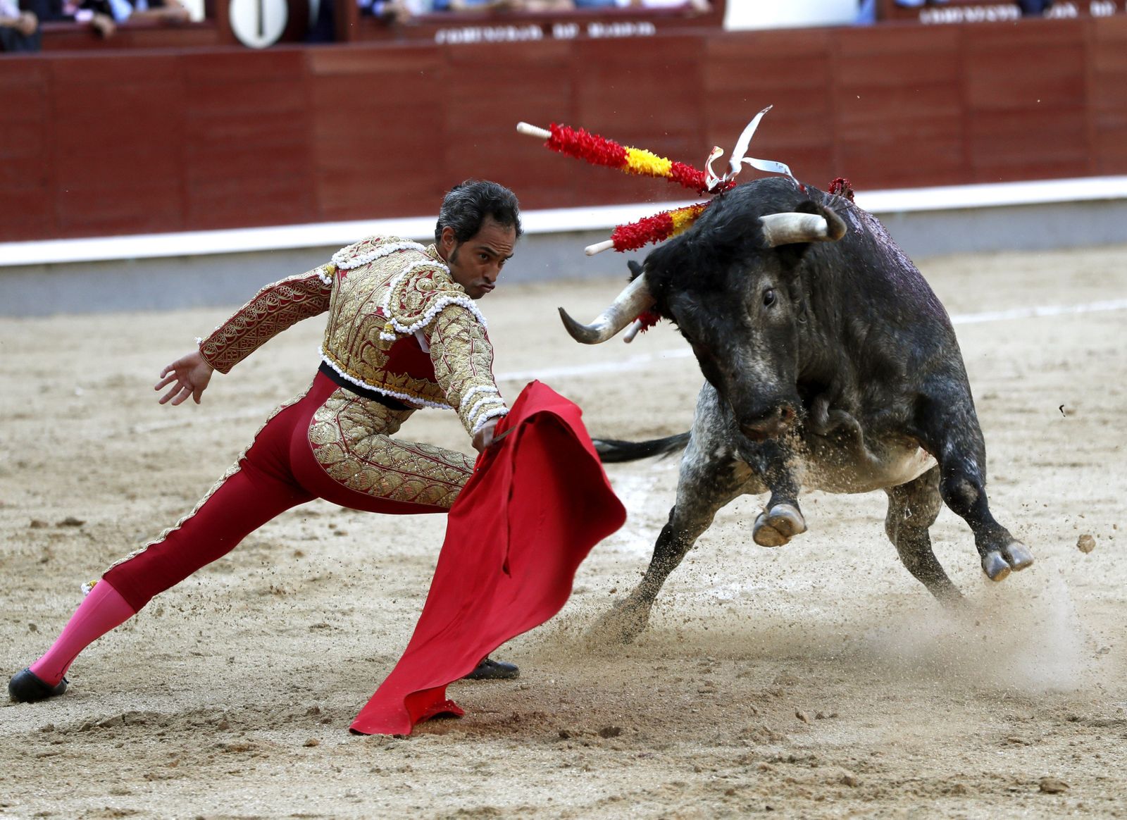 Luis Bolívar abriendo su faena de muleta con un doblón, en la tarde de ayer en la plaza de toros de Las Ventas.