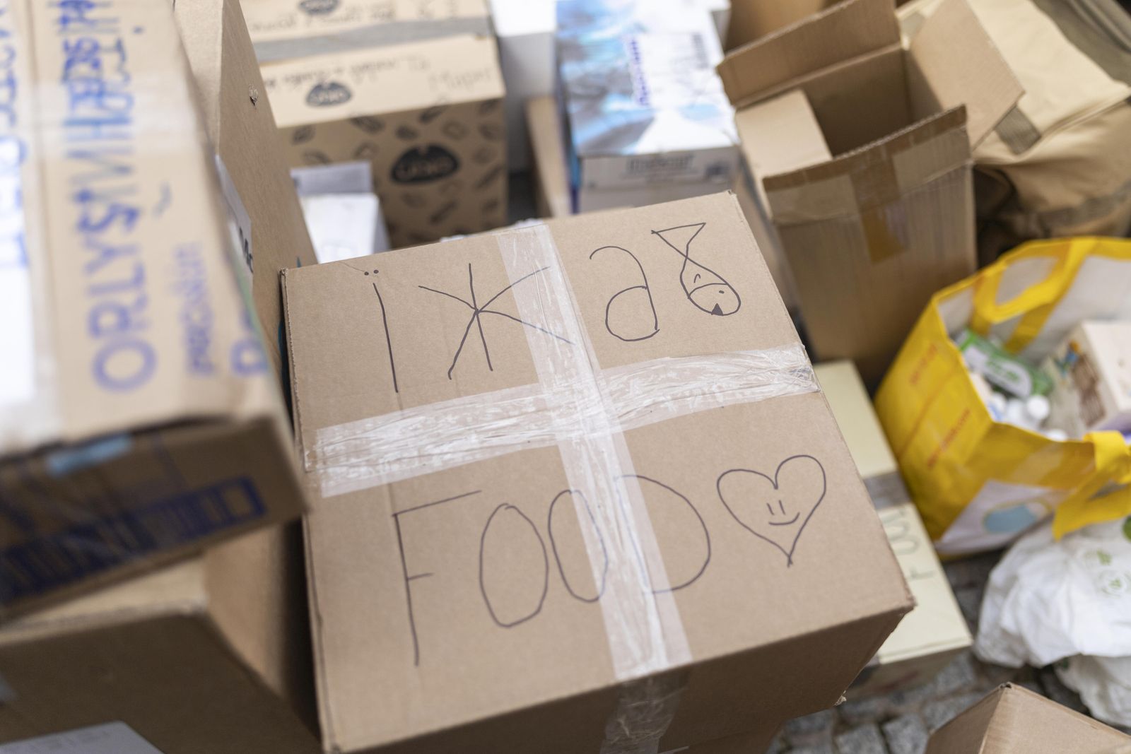 Cajas con alimentos, medicinas y productos de primera necesidad para Ucrania.