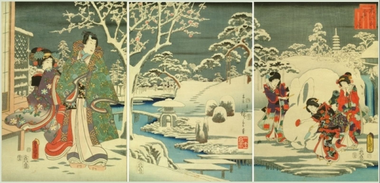 Tríptico con escenas de 'La historia de Genji' (s. XI) de Murasaki Shikibu.