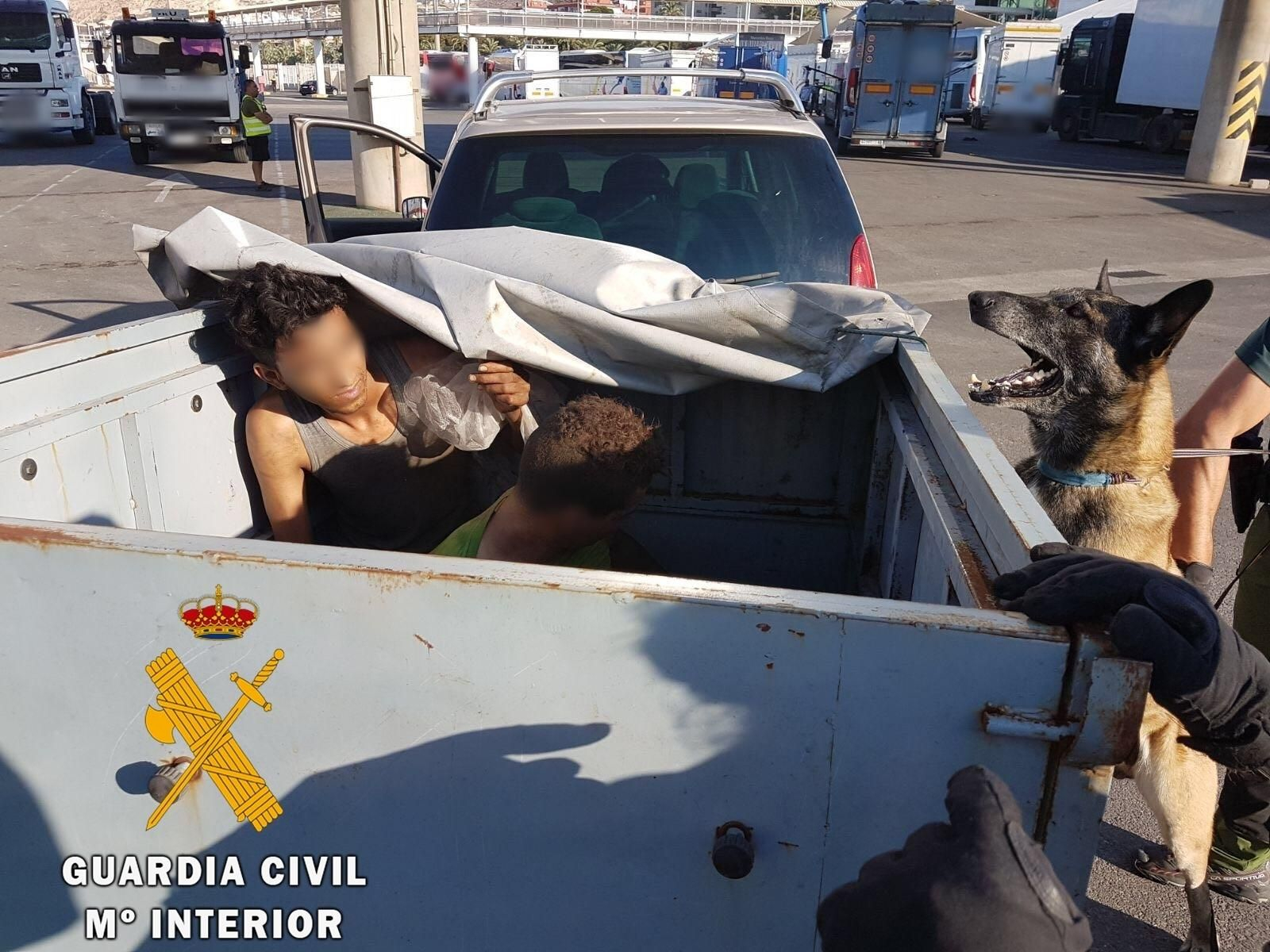 Dos polizones descubiertos por la Guardia Civil oculto en un remolque.