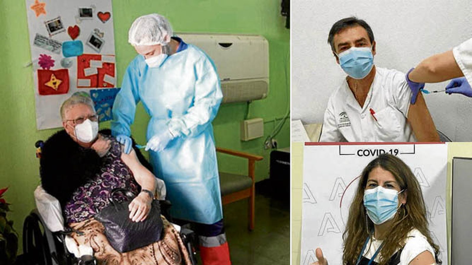 La primera residente inmunizada de la provincia, Isabel Romero (izda.), junto al médico de Atención Primaria, Francisco Villalba, y la especialista en Infecciosos del Macarena, Elena Salamanca.