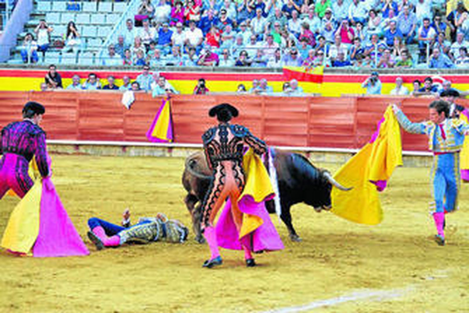 Roca Rey, conmocionado en la arena, yerto, tras la cogida sufrida en Palencia.