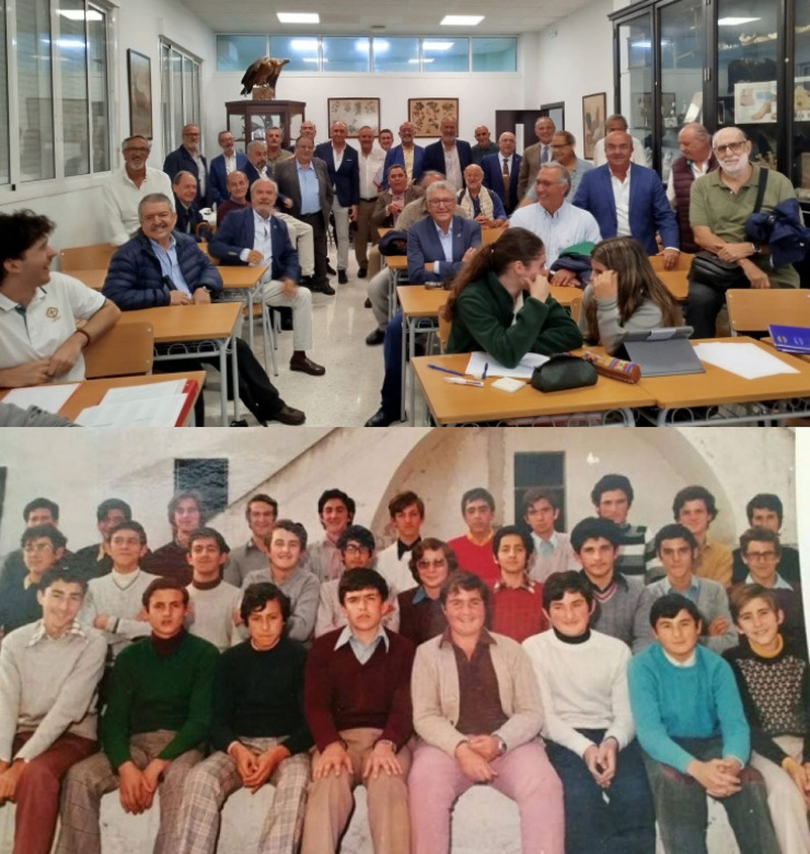 Con 50 años de diferencia: arriba, la promoción del 75 durante su recorrido por el Liceo de San Fernando; abajo una foto de 1974 en la grada del colegio