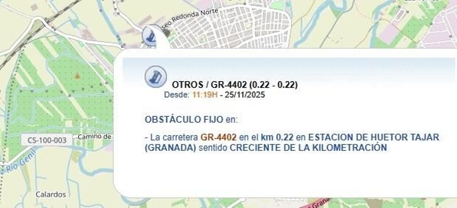 Imagen del aviso de las retenciones en la vía