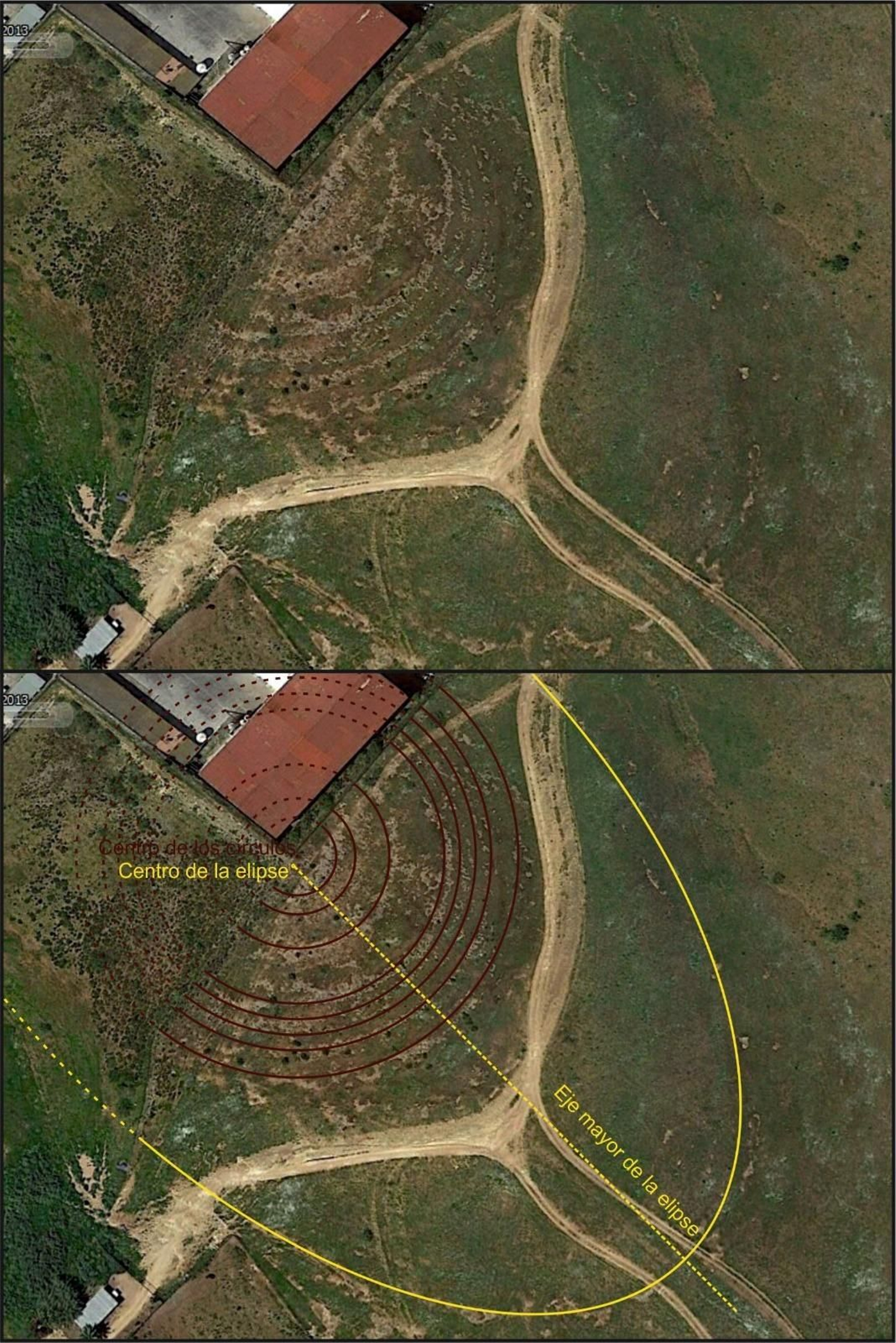 Vista aérea y plano del yacimiento hallado por Manuel Ruiz Pineda.