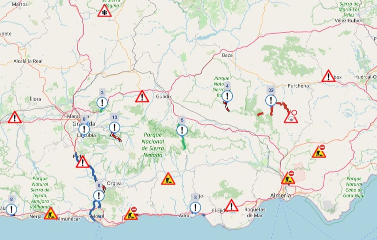 Mapa de situación de las carreteras de Granada
