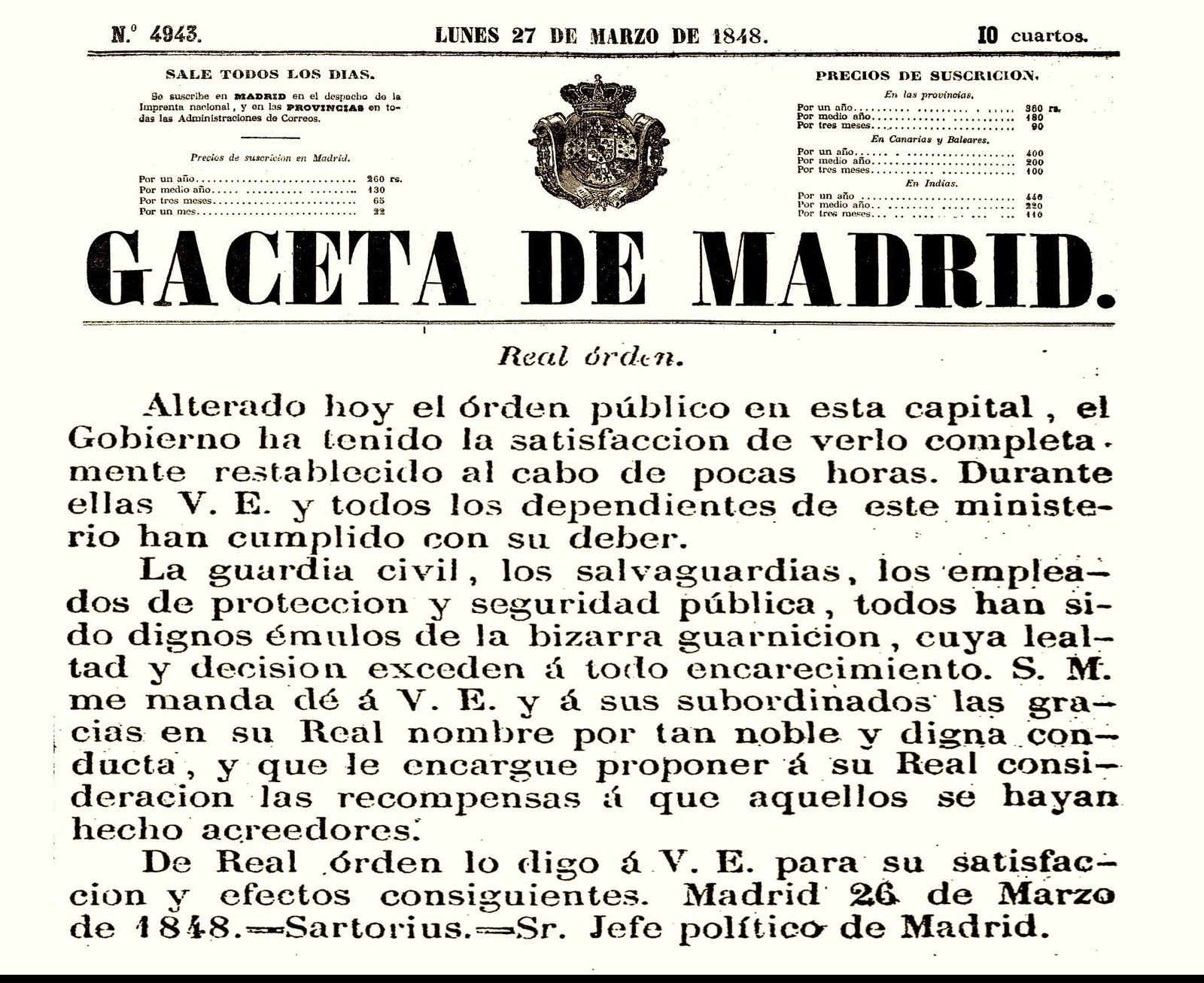 Real Orden de 26 de marzo de 1848 felicitando en primer lugar a la Guardia Civil por su actuación.