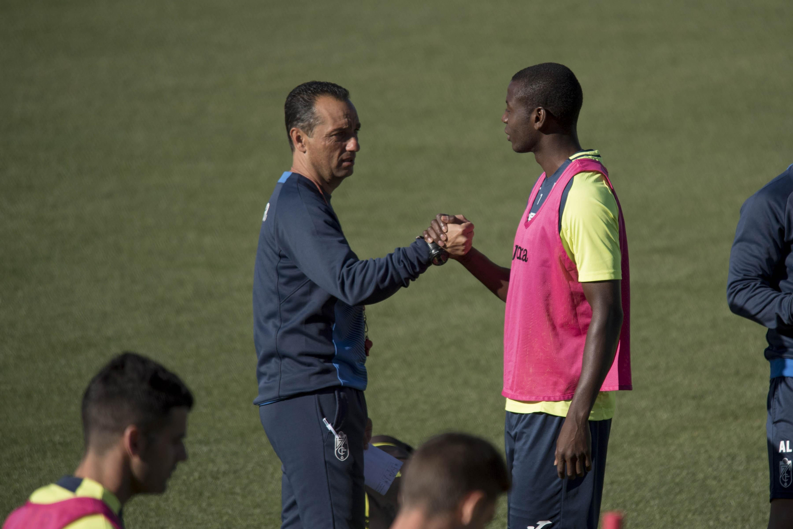 José Luis Oltra y Adrián Ramos chocan las manos antes del entrenamiento de ayer.