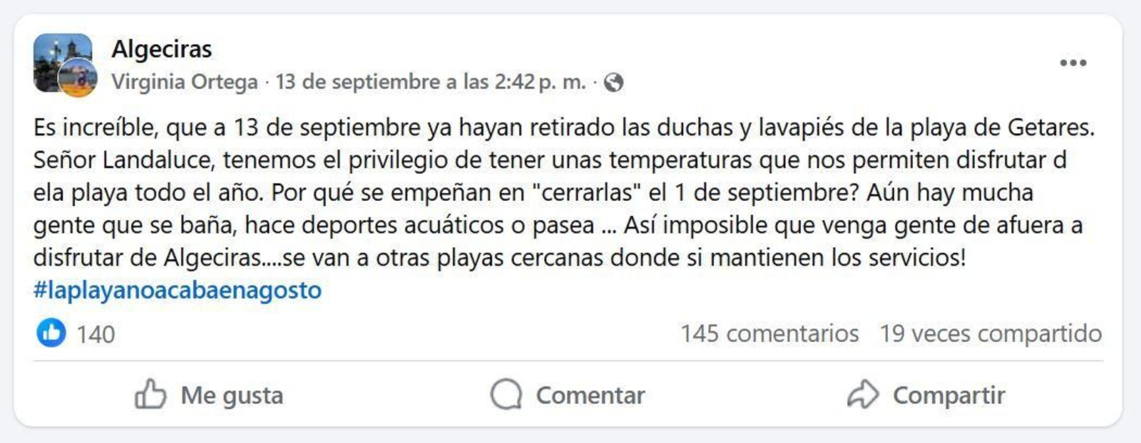 Virginia Ortega, vecina de Algeciras, reprocha al alcalde en Facebook que "a 13 de septiembre ya hayan retirado las duchas y lavapiés de Getares".