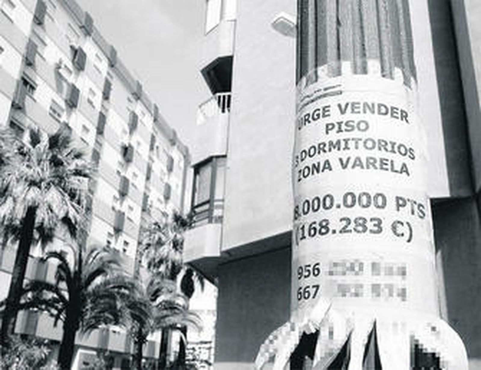 Anuncios de pisos en venta, en una farola.