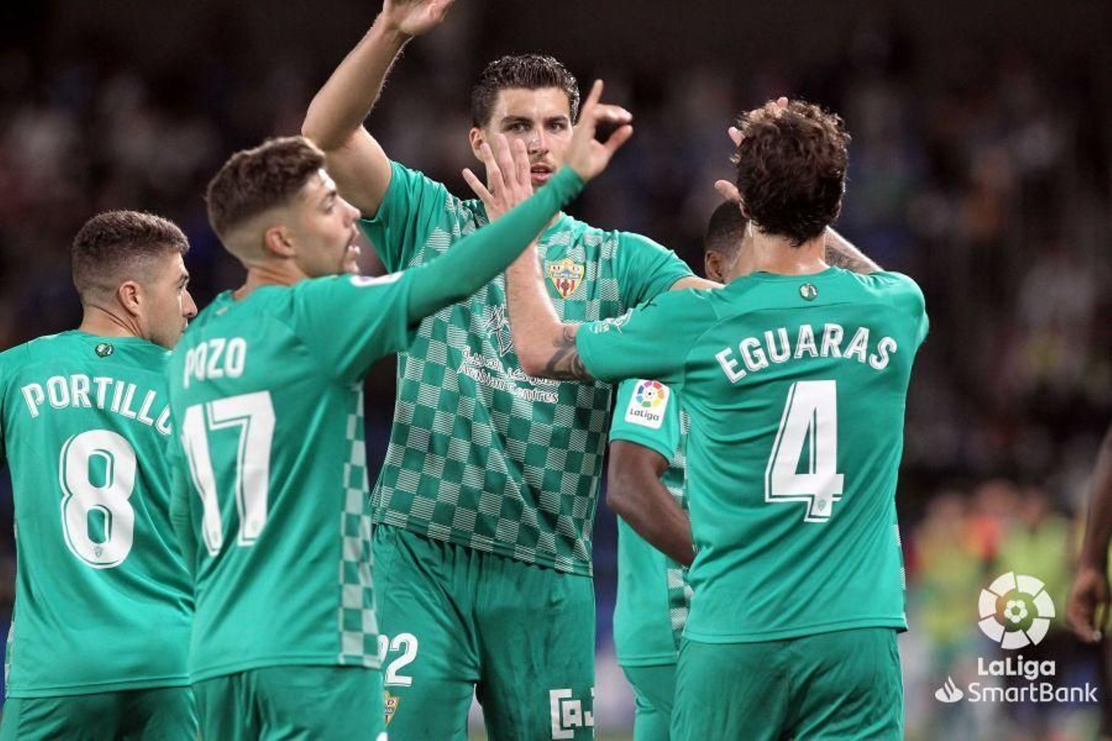 Portillo, Pozo, Babic y Eguaras festejan el gol de Ramazani en Tenerife