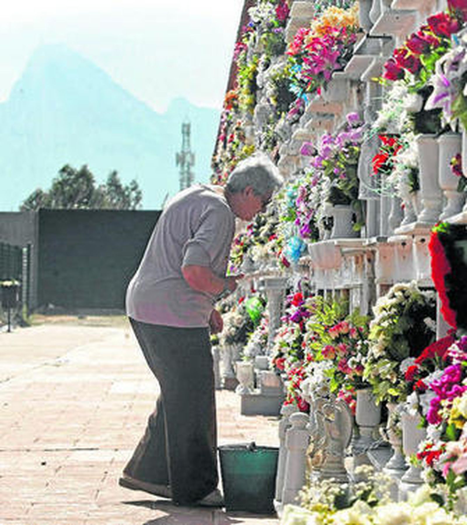 Una mujer arregla un nicho en el cementerio de La Línea.