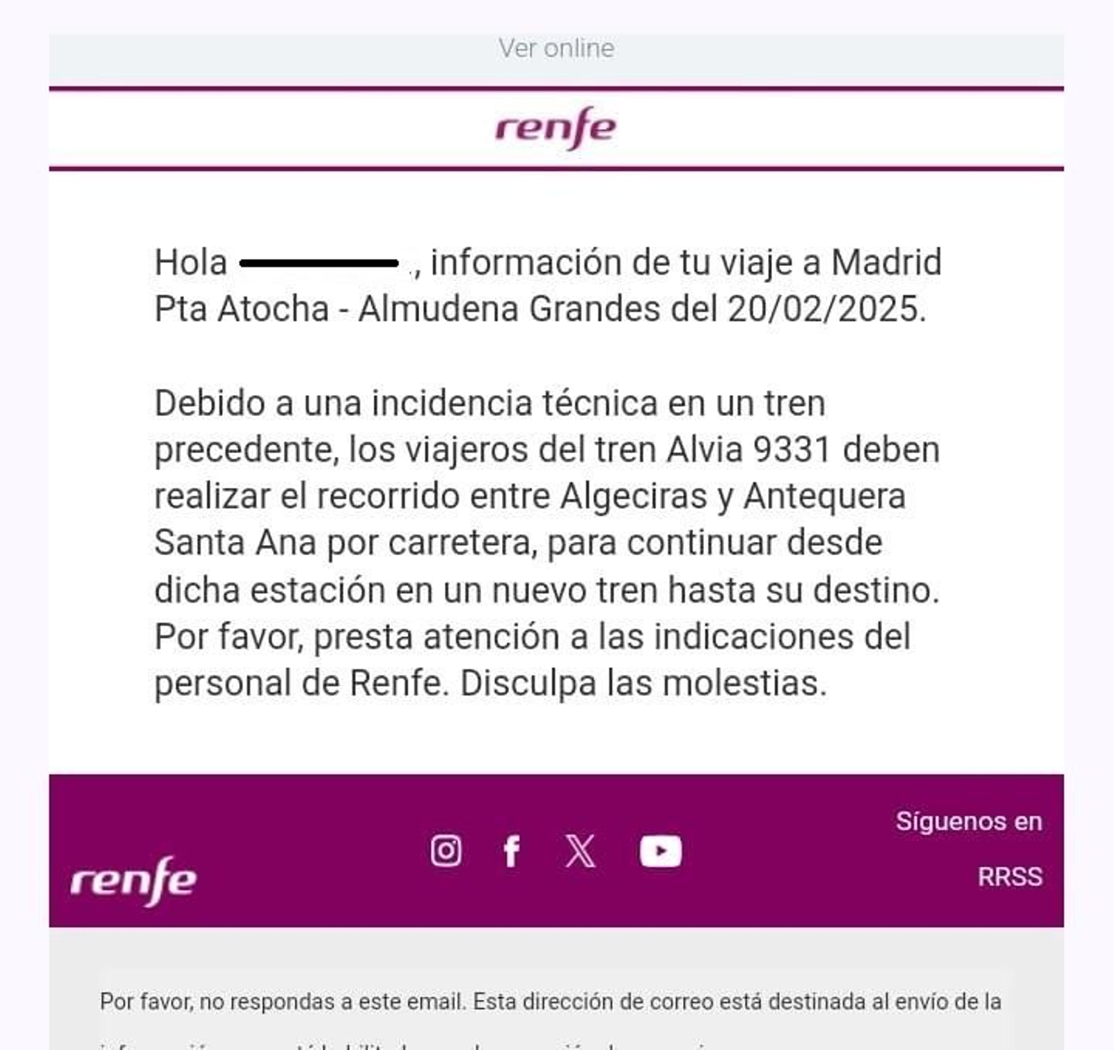 El aviso enviado por Renfe a los viajeros.