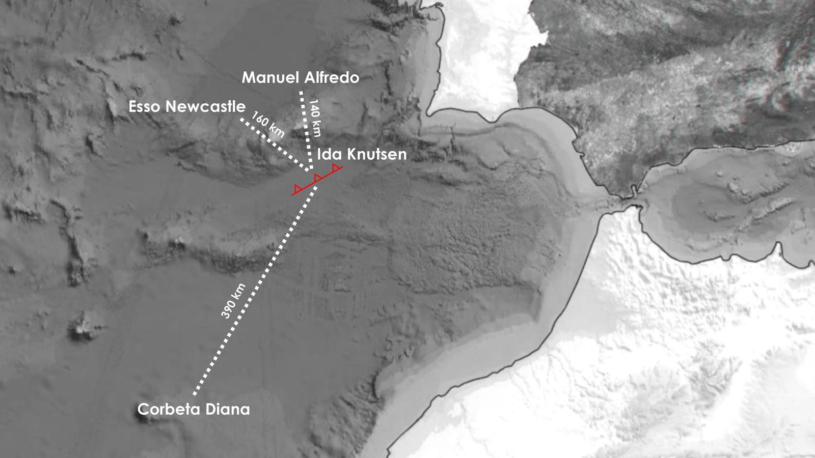 Posición de los buques que sufrieron los efectos del maremoto.
