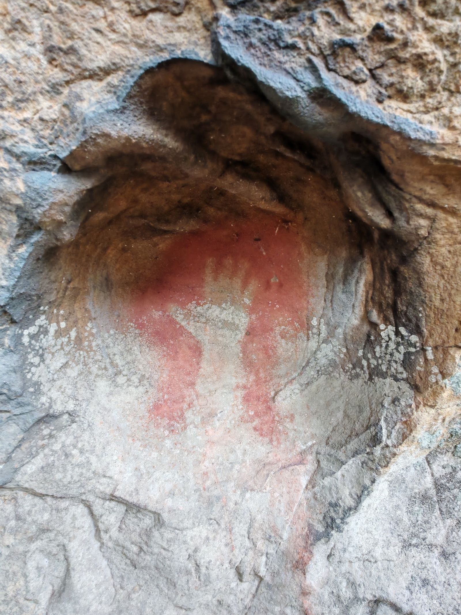 Segunda mano en negativo localizada en Bacinete; el intenso color del pigmento y su aparente superposición sobre el liquen hacen sospechar que podría tratarse de una pintura reciente.