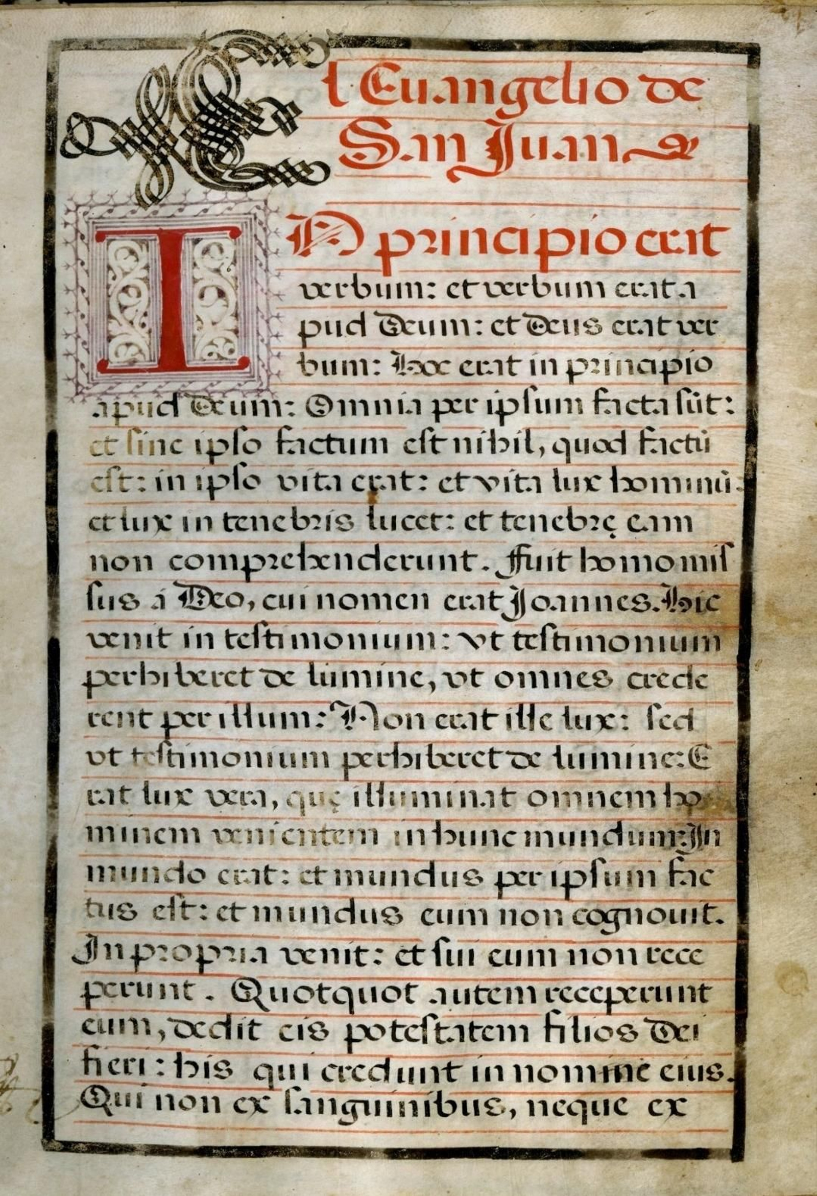 La primera página de las reglas encontradas, cuyo texto corresponde al comienzo del Evangelio de San Juan.