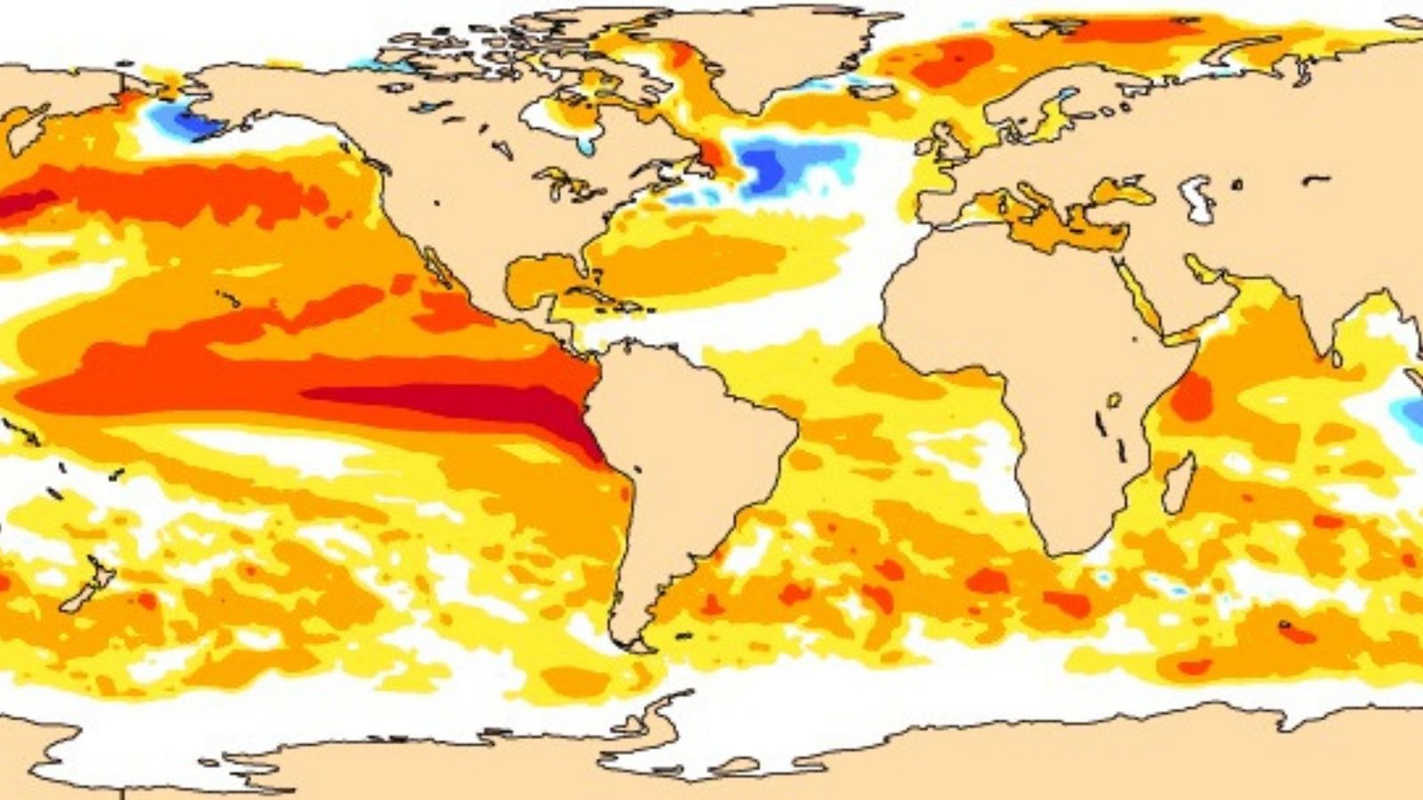 Temperatura de las aguas del Pacífico ecuatorial, que ya registran un calentamiento anómalo (en rojo).