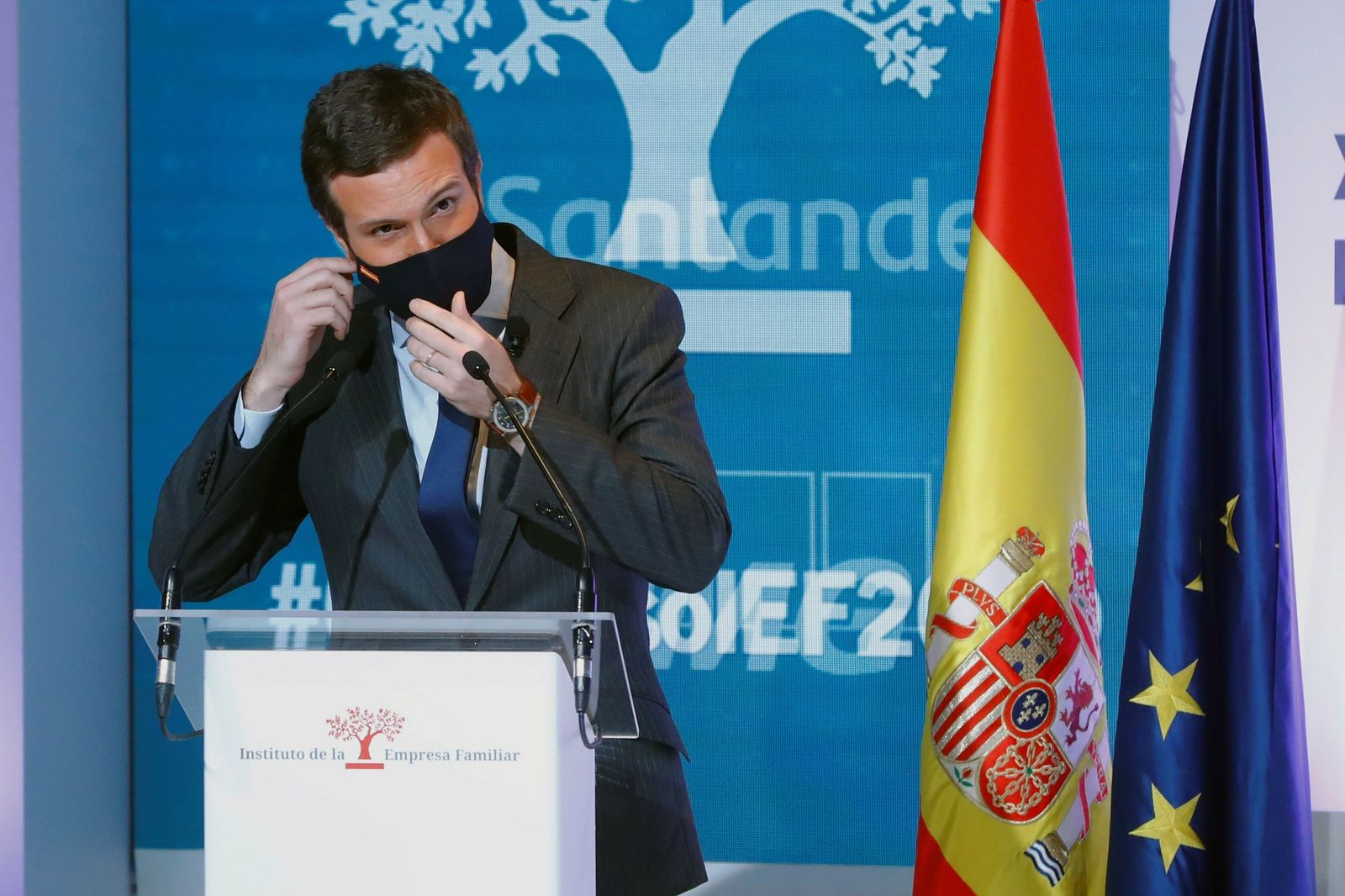 El líder del PP; Pablo Casado, durante el XXIII Congreso Nacional de la Empresa Familiar celebrado este lunes en Casa América, en Madrid.