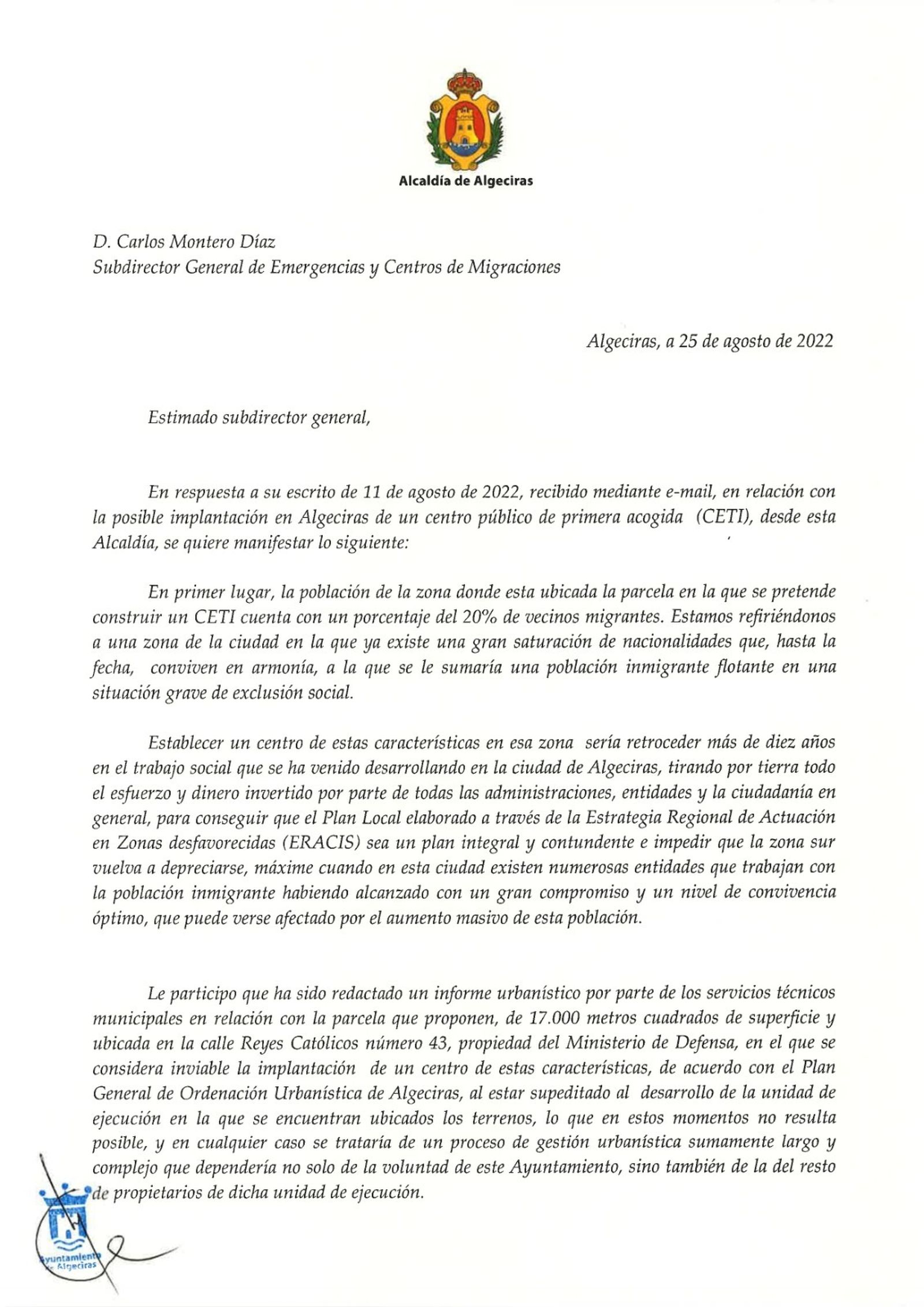 Carta de José Ignacio Landaluce al Gobierno central