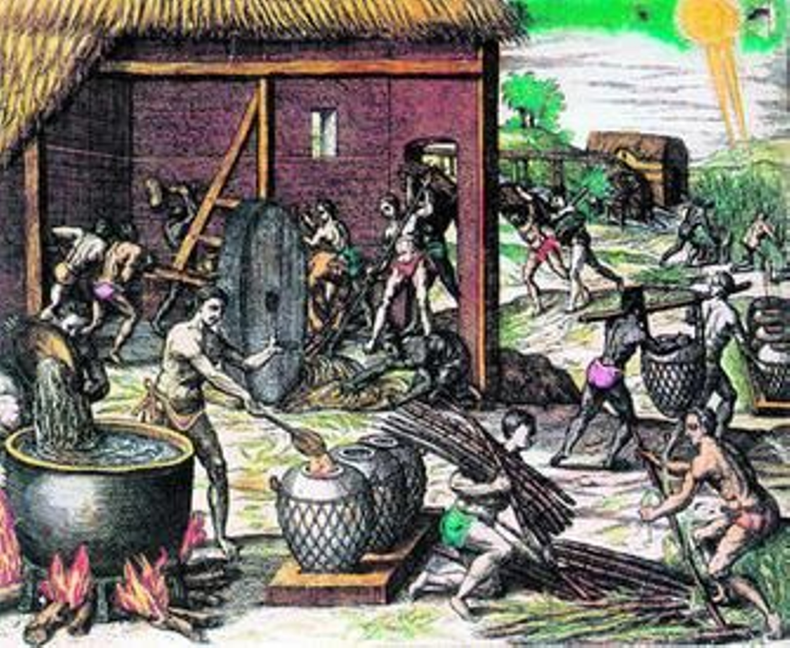 Un grabado de Teodoro de Bry que retrata a indígenas y esclavos trabajando en un ingenio azucarero.