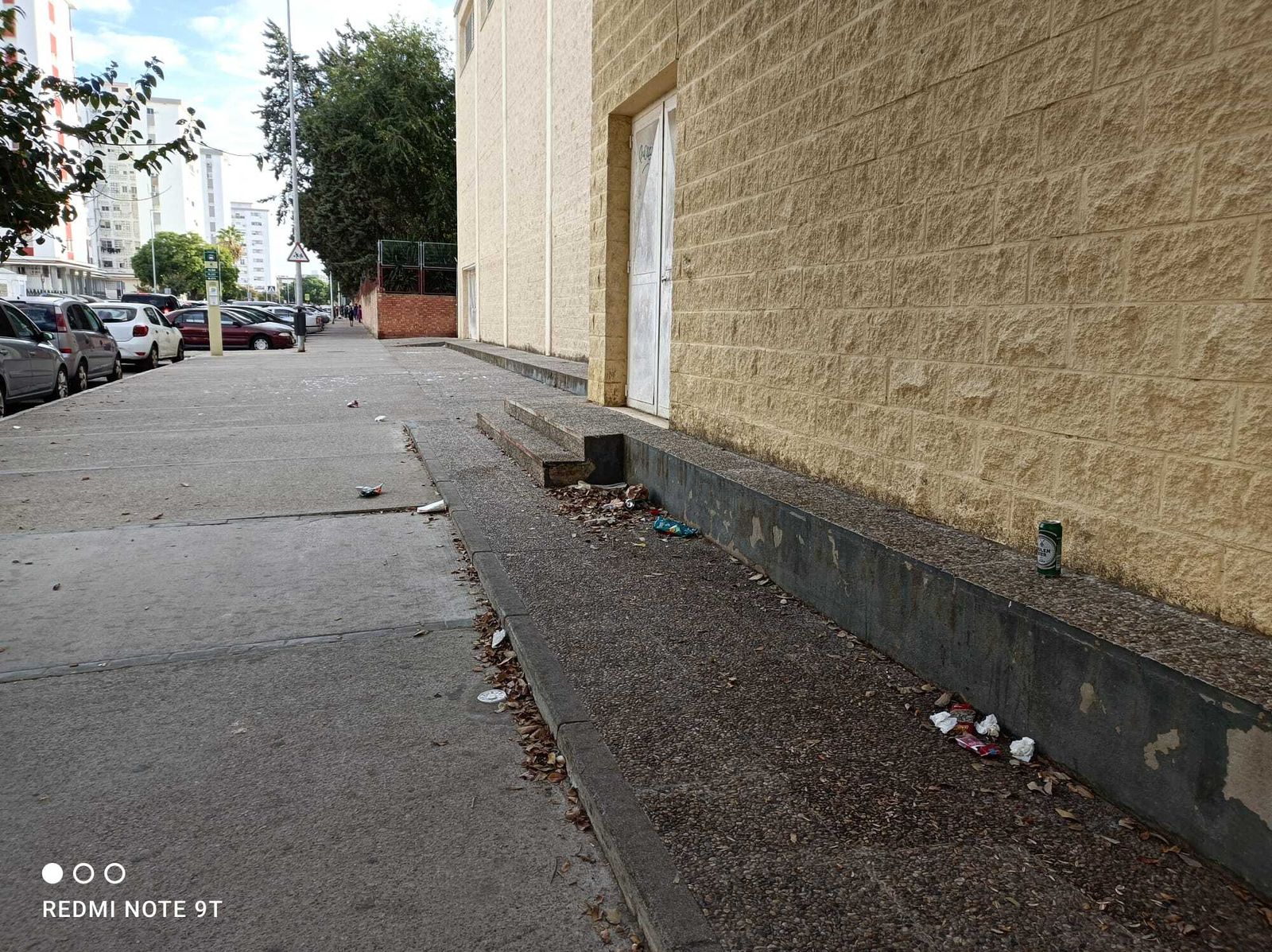 Basura y cristales rotos aún sin recoger en la avenida Álvarez Beigbeder de Jerez