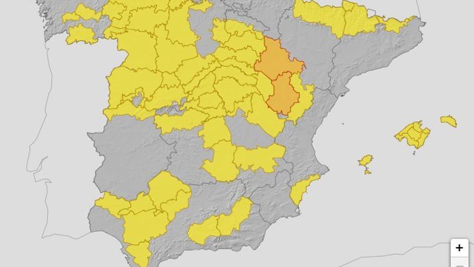 Mapa de España con zonas en aviso amarillo para este jueves 2 de marzo