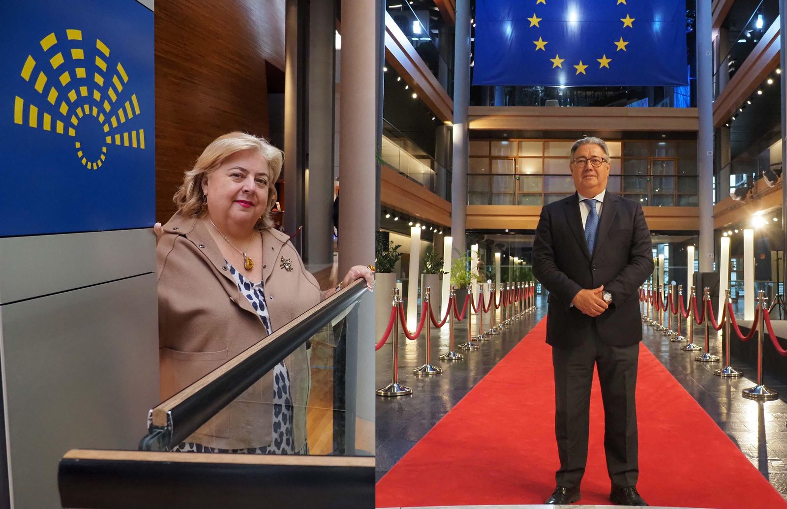 Clara Aguilera (PSOE) y Juan Ignacio Zoido (PP), posan para Huelva Información en los pasillos de la Eurocámara de Estrasburgo