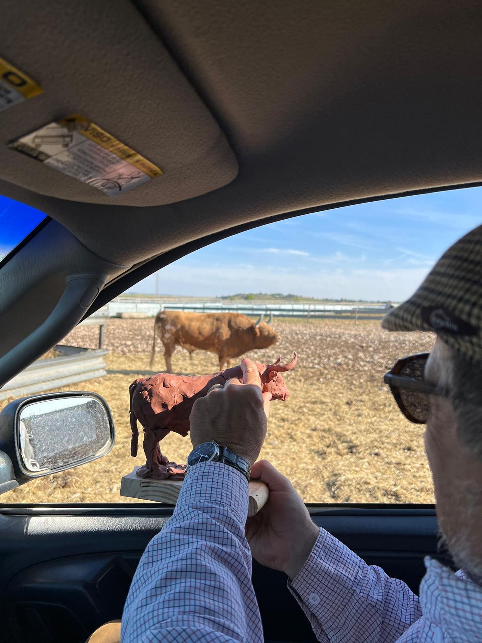 Harrison modela un toro en directo, en medio de una dehesa.