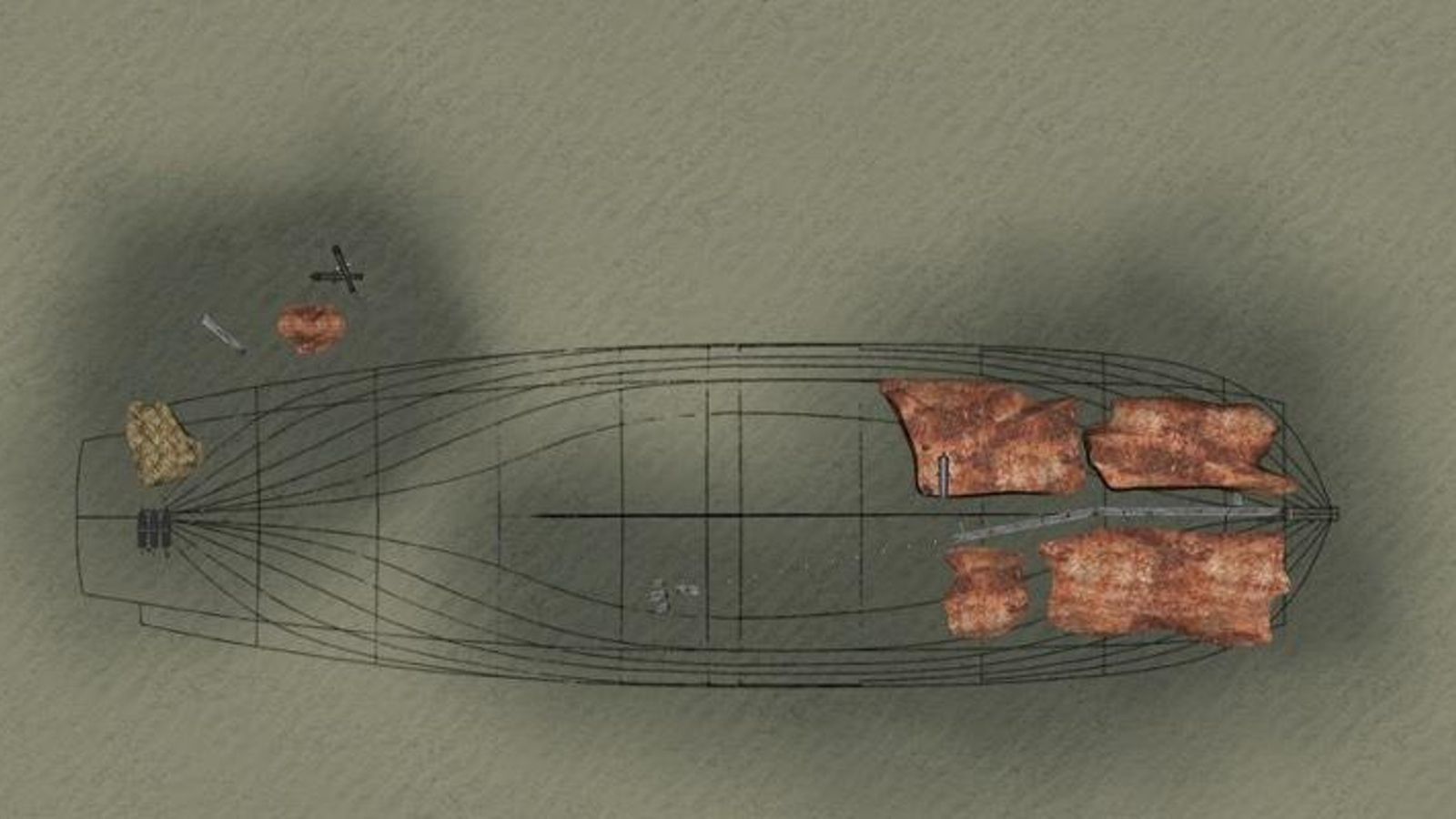 Superposición en el plano de los restos del navío.