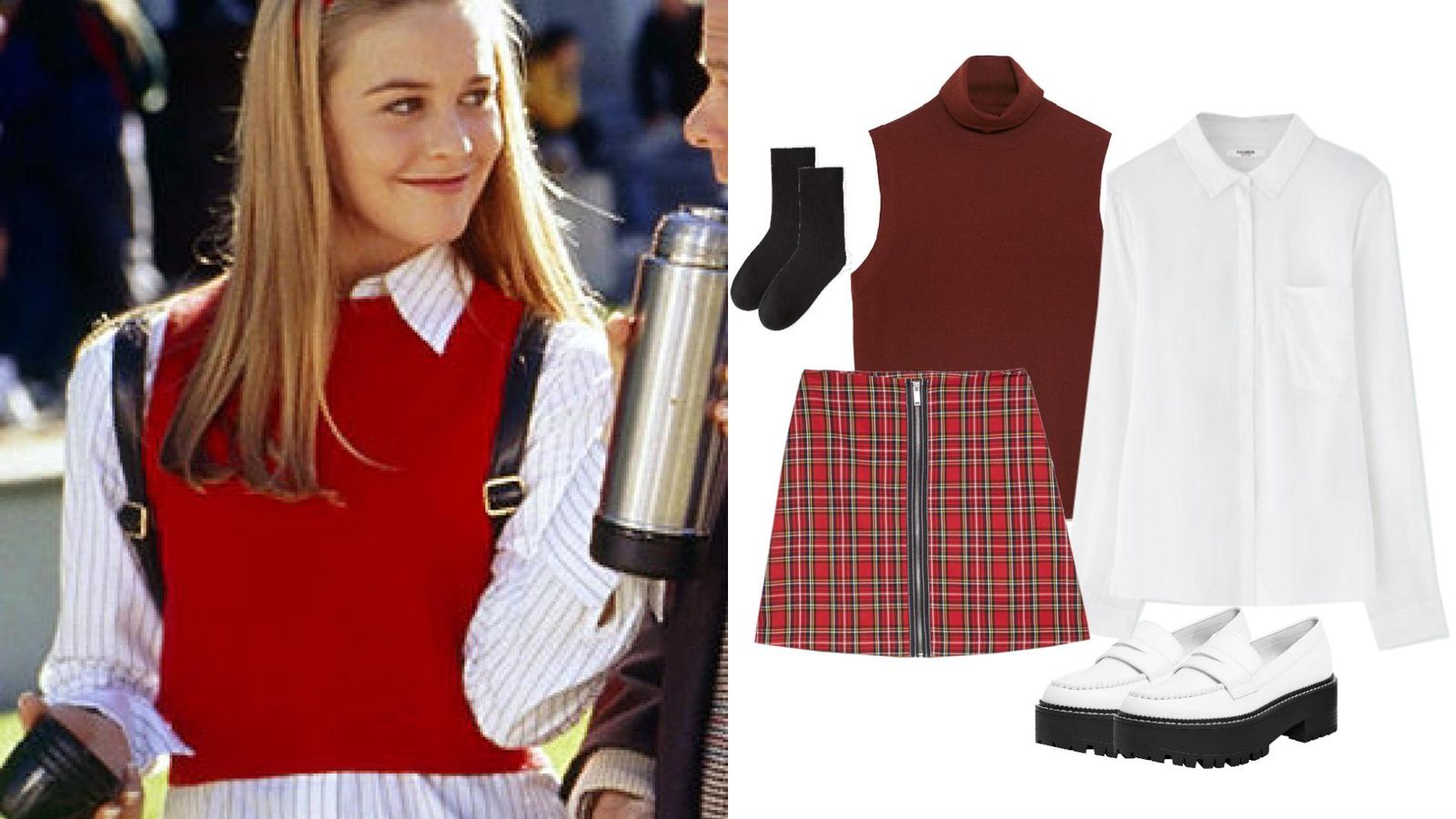 Durante la película, Cher a menudo repite la misma fórmula: chaleco sobre camisa, minifalda de cuadros y calcetines altos. Durante la película, Cher a menudo repite la misma fórmula: chaleco sobre camisa, minifalda de cuadros y calcetines altos.