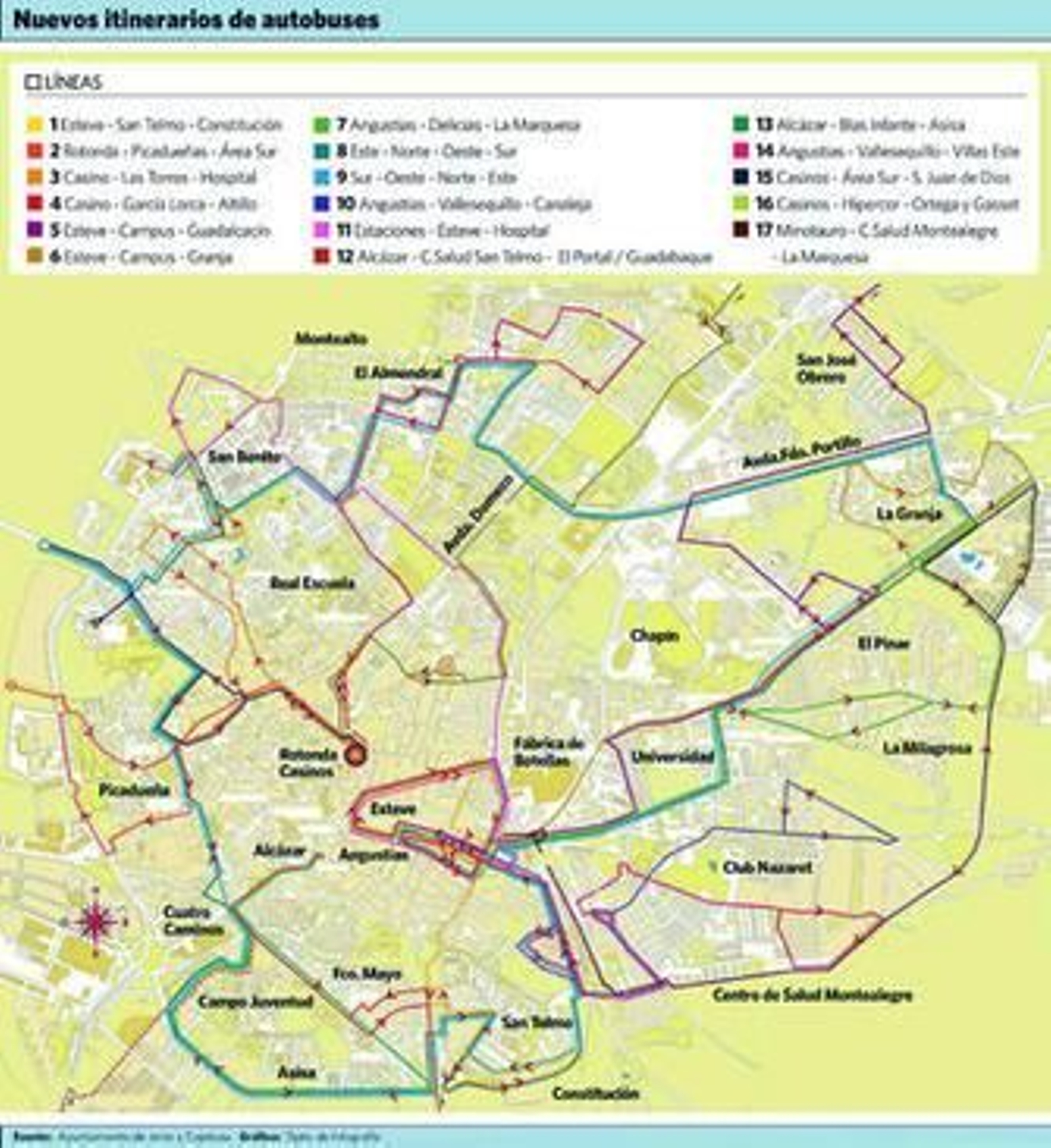 1. Vehículos circulan, ayer, junto al carril especial para autobuses que se estrena hoy en Porvera. 2. Dos jóvenes cruzan por uno de los carriles habilitados junto a La Plata y avenida de La Serrana. 3. Un peatón observa una de las nuevas marquesinas para el servicio de transporte urbano instalada en Porvera. 4. Un autobús discurre junto al nuevo carril especial de La Serrana. 5. Señal indicativa del corte al tráfico de calle Honda, que será efectivo desde hoy mismo y se complementará, en principio, con una pilona. 6. La farmacia de Porvera cuenta con una zona específica en la que los vehículos podrán parar para acceder al establecimiento, solución a una de las claves de la polémica originada en esta calle. / REPORTAJE GRÁFICO: VANESA LOBO.