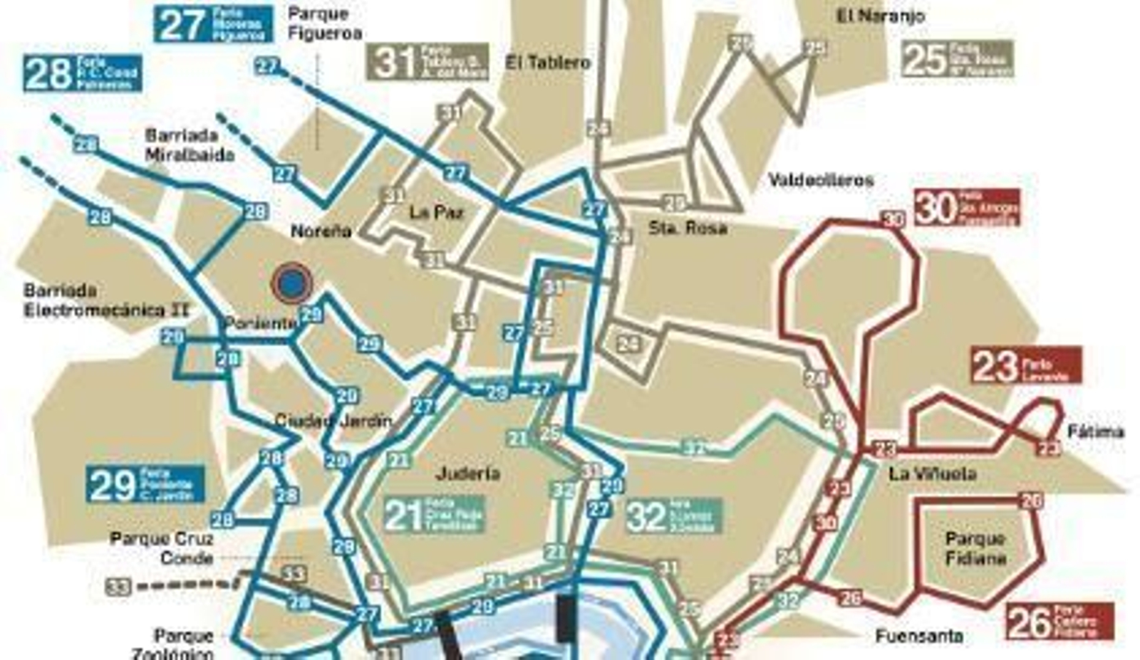 Mapa de las líneas de bus para la Feria de Córdoba.