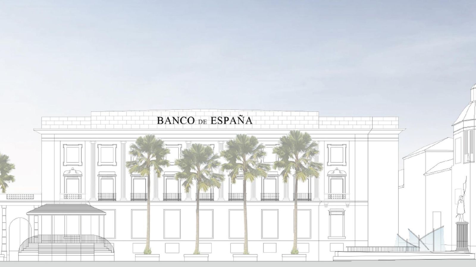 Plano del alzado de la fuente en el contexto de la Plaza de las Monjas ante el Banco de España.