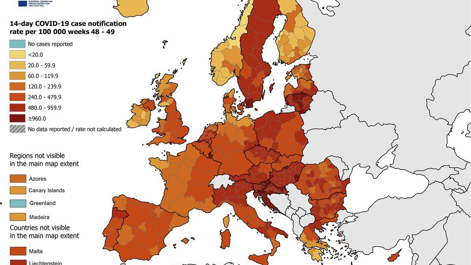 Mapa de Europa según la incidencia acumulada (pulsa para aumentar).