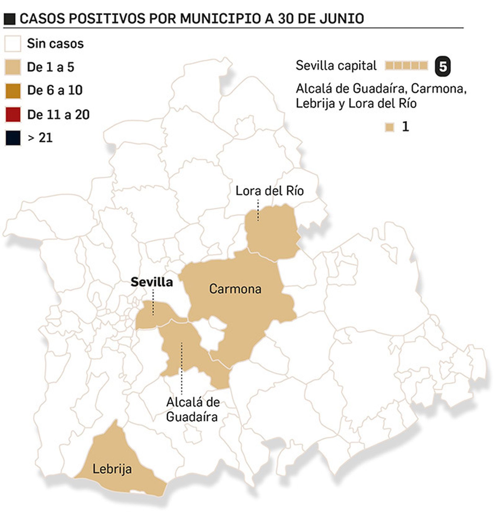Casos de coronavirus por municipio el 30 de junio en Sevilla. Fuente: IECA, Consejería de Salud.